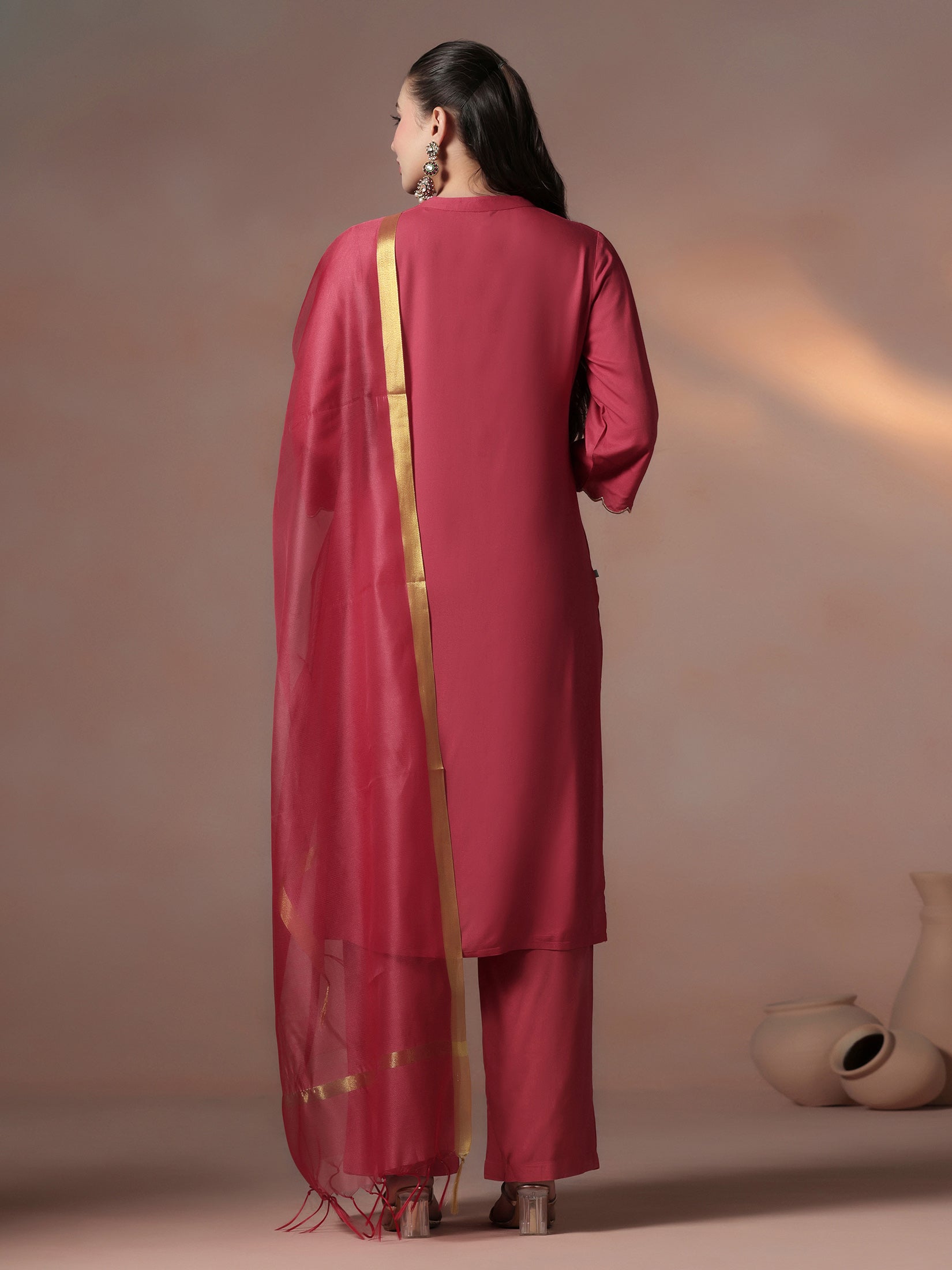 Women Liva Pink Solid Kurta Comfort Pant Dupatta