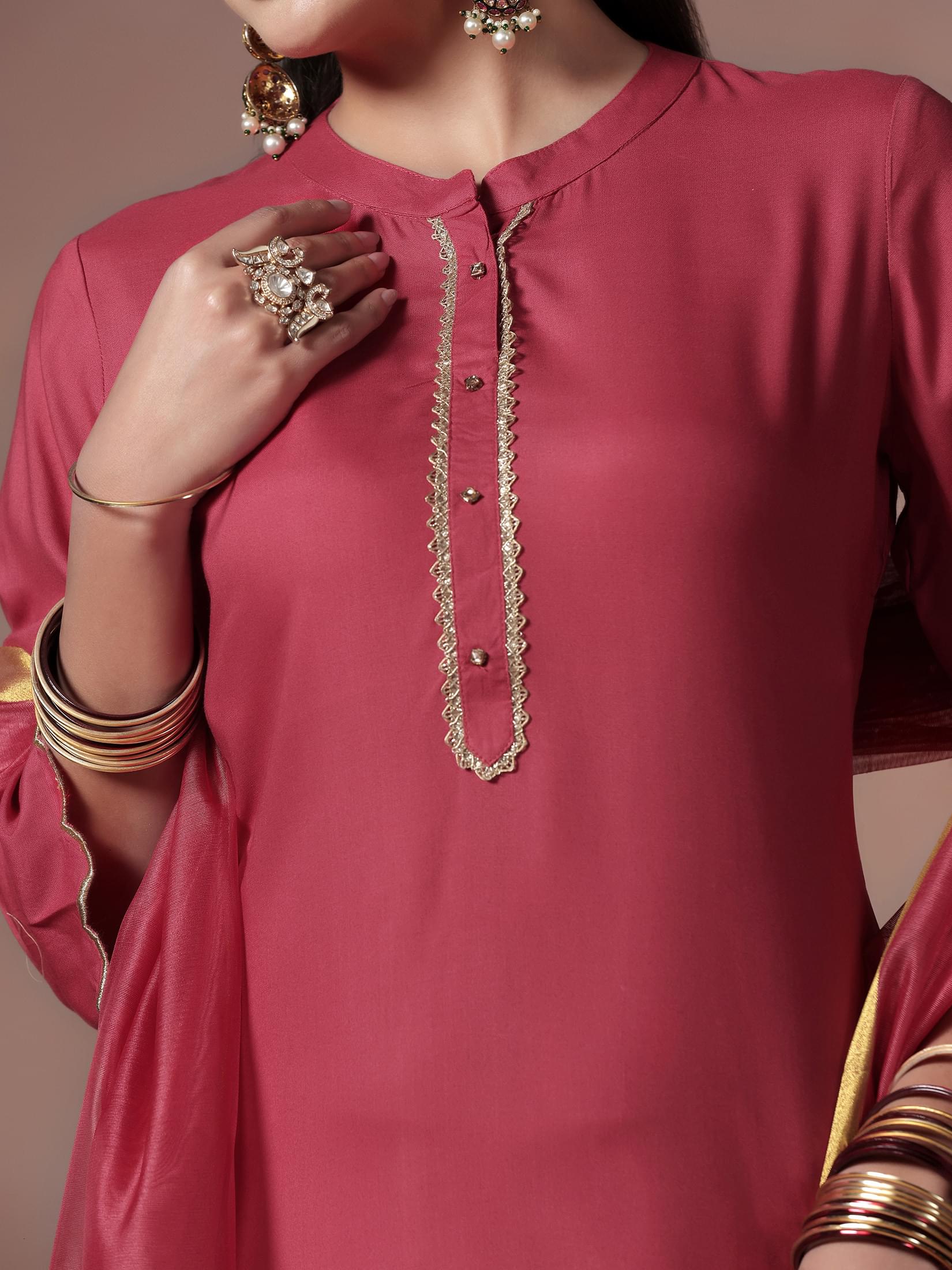 Women Liva Pink Solid Kurta Comfort Pant Dupatta.
