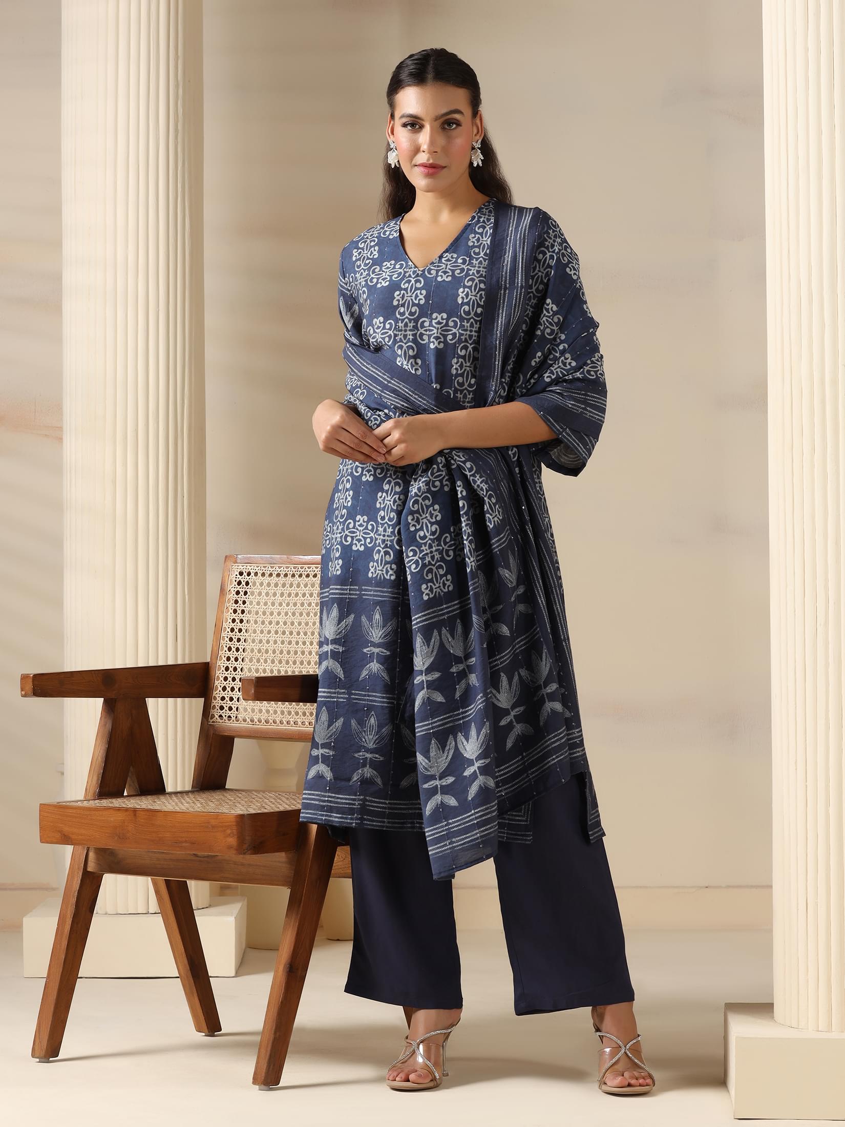 Navy blue geometric pattern printed Chanderi silk premium lifestyle suit set