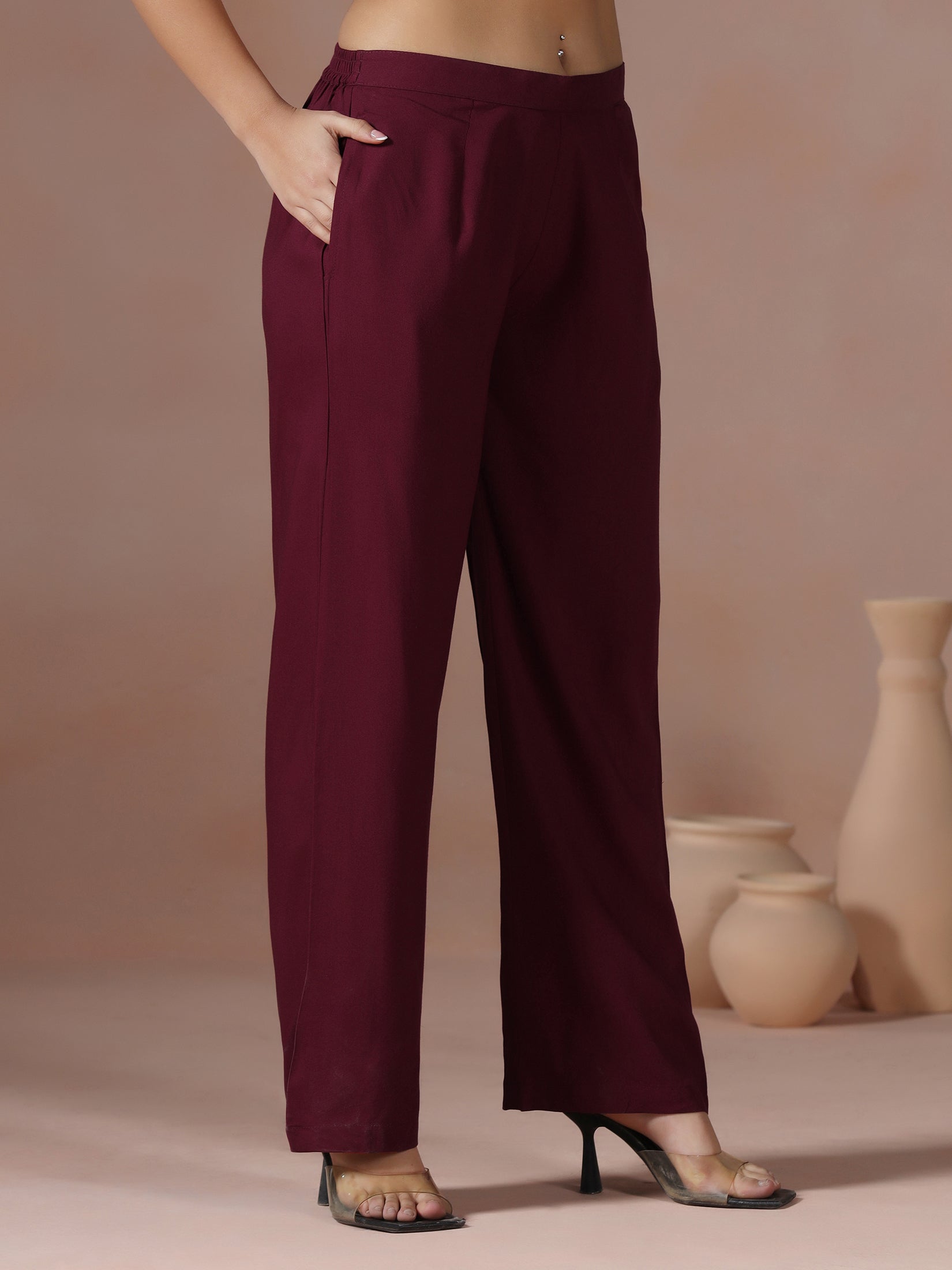 Women Crepe Burgundy Printed Kurta With Comfort Pant