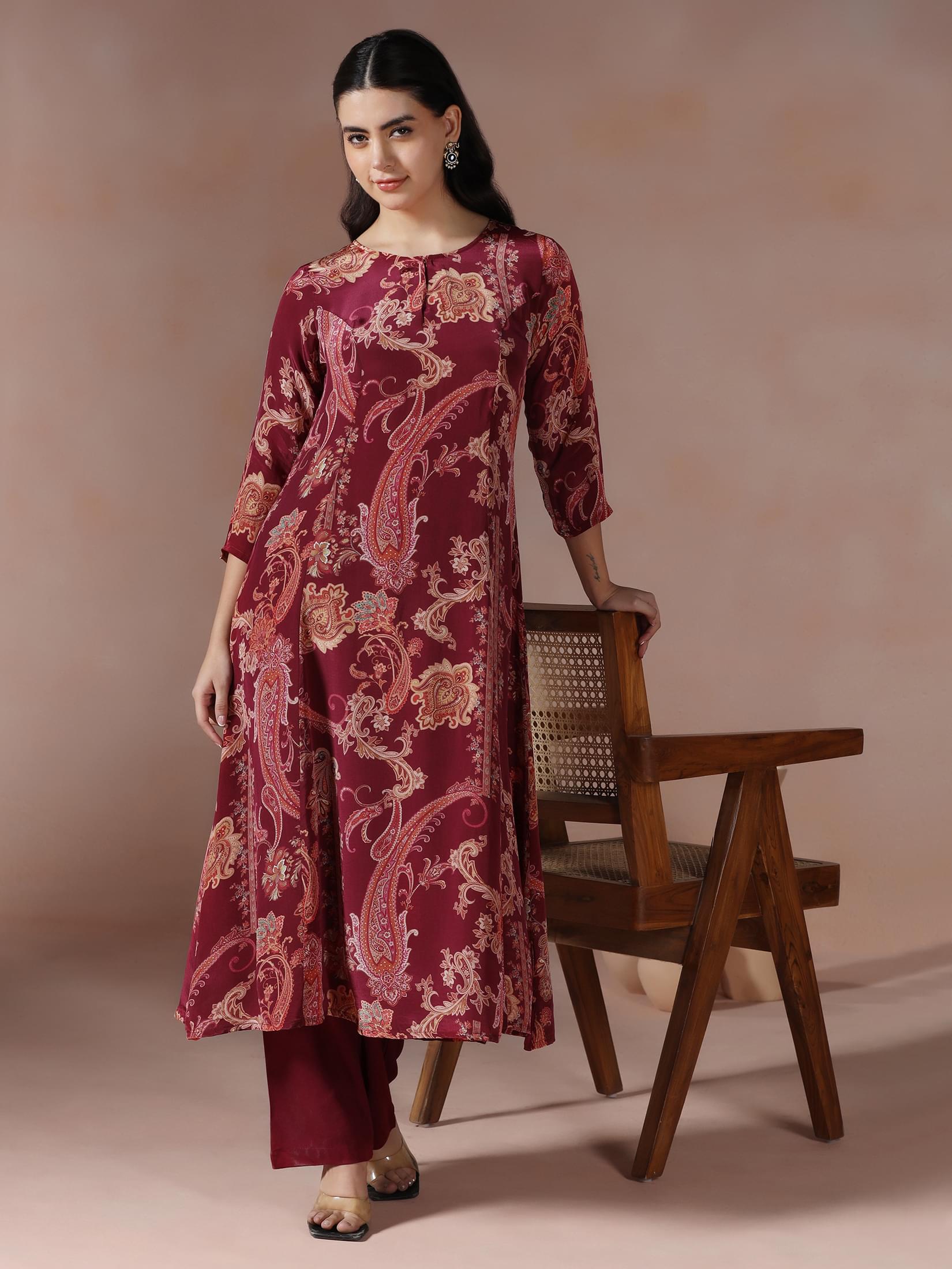 Deep burgundy printed crepe silk blend winter comfort long line kurta set