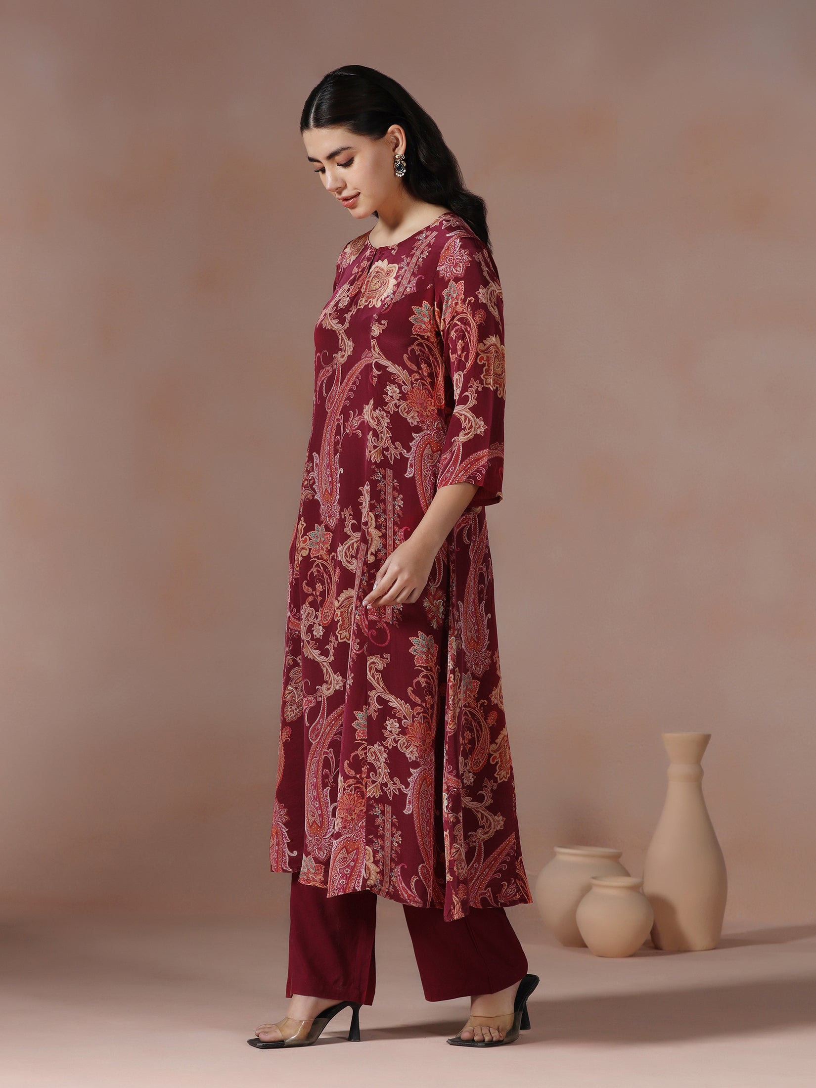 Women Crepe Burgundy Printed Kurta With Comfort Pant