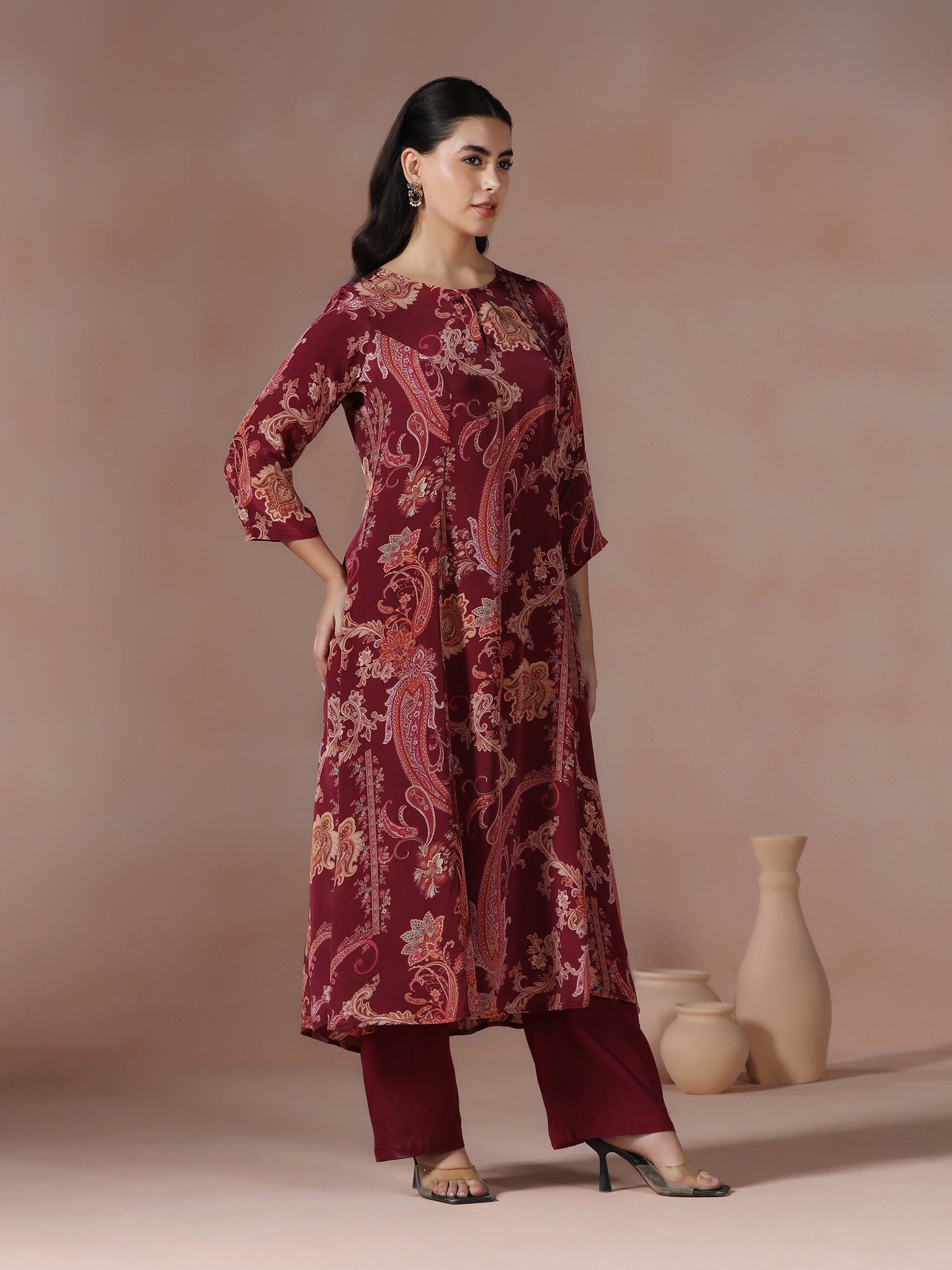 Women Crepe Burgundy Printed Kurta With Comfort Pant