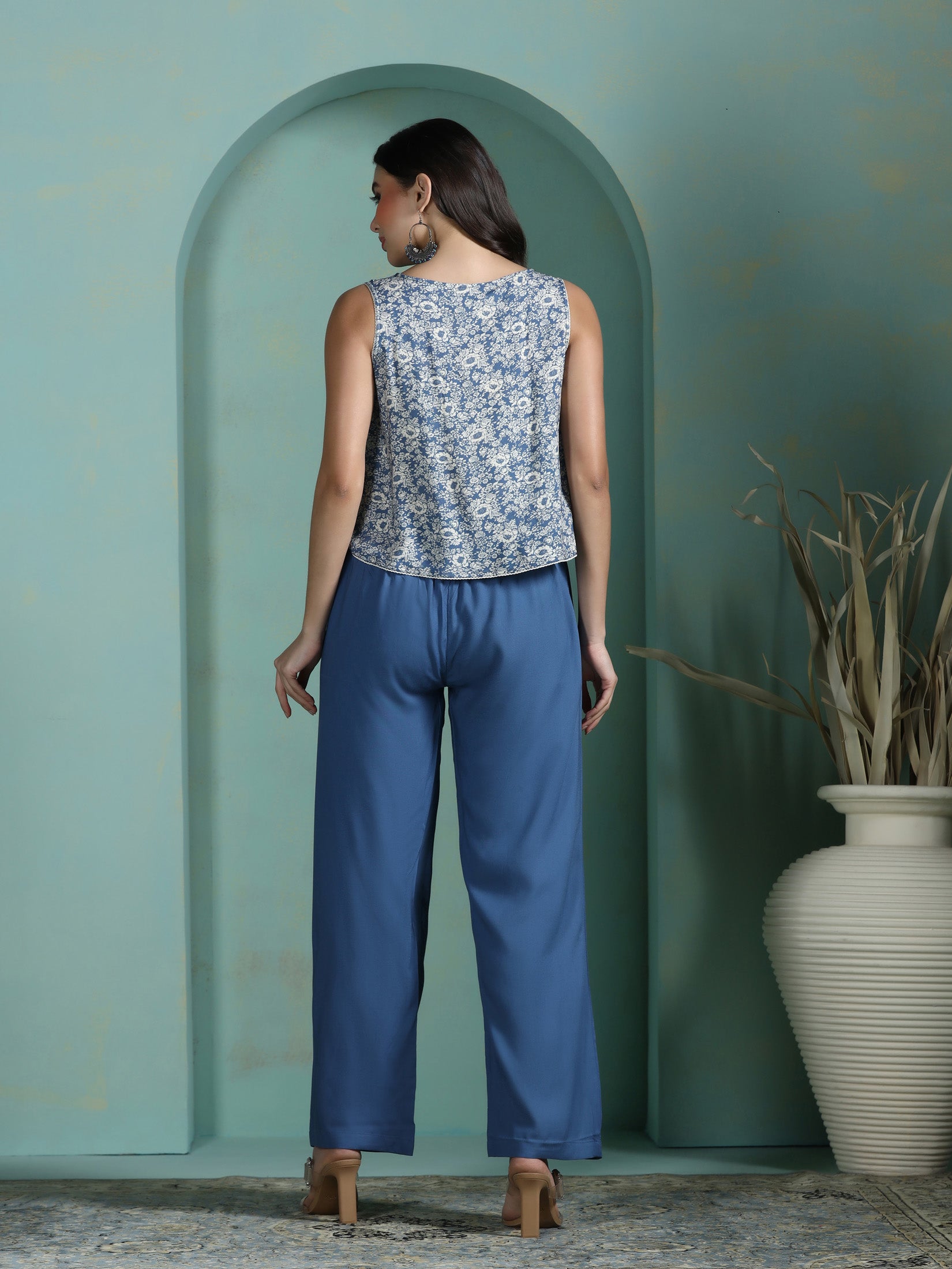 Women Liva Blue Printed Top With Comfort Pant