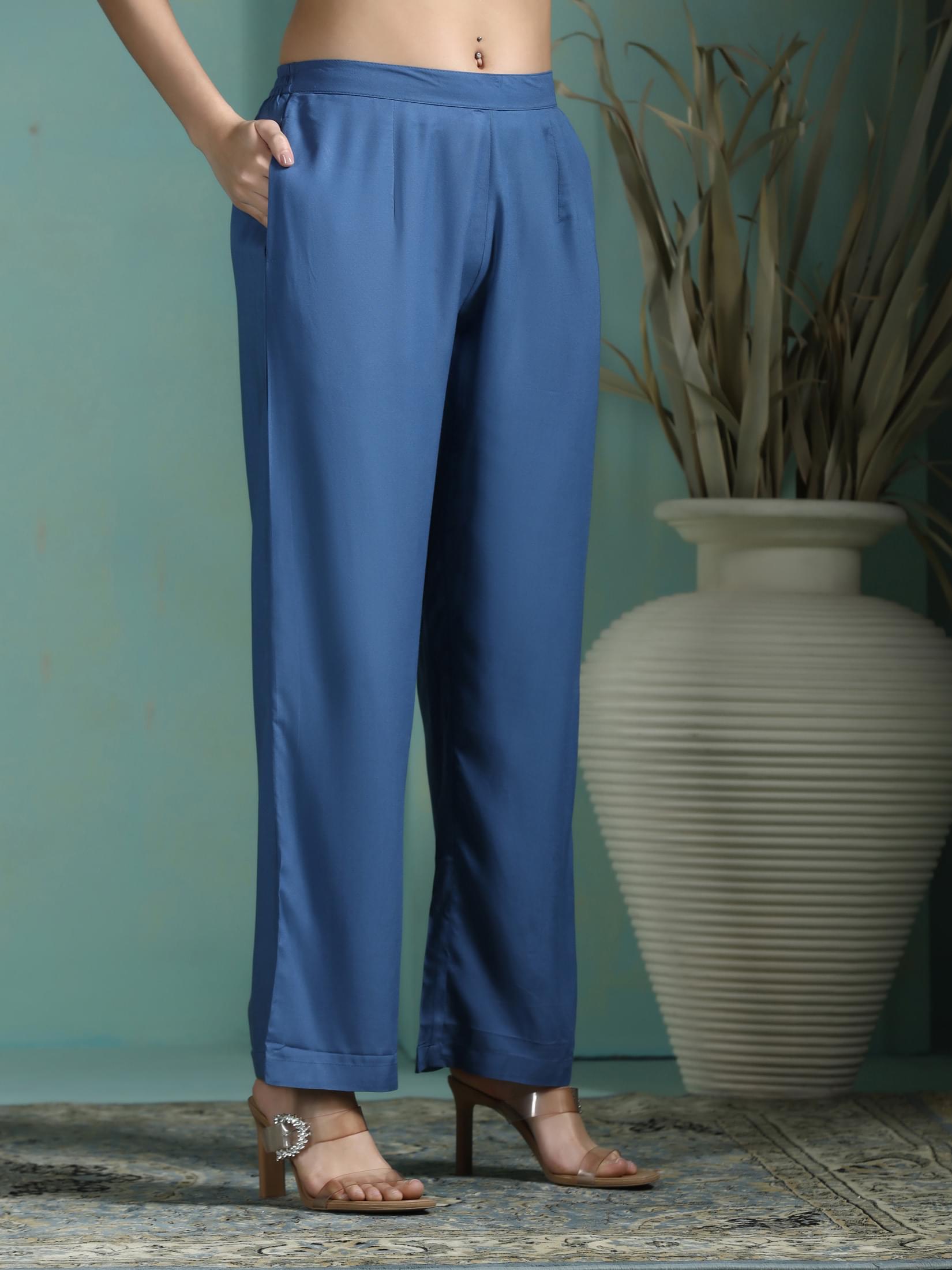 Women Liva Blue Printed Top With Comfort Pant.