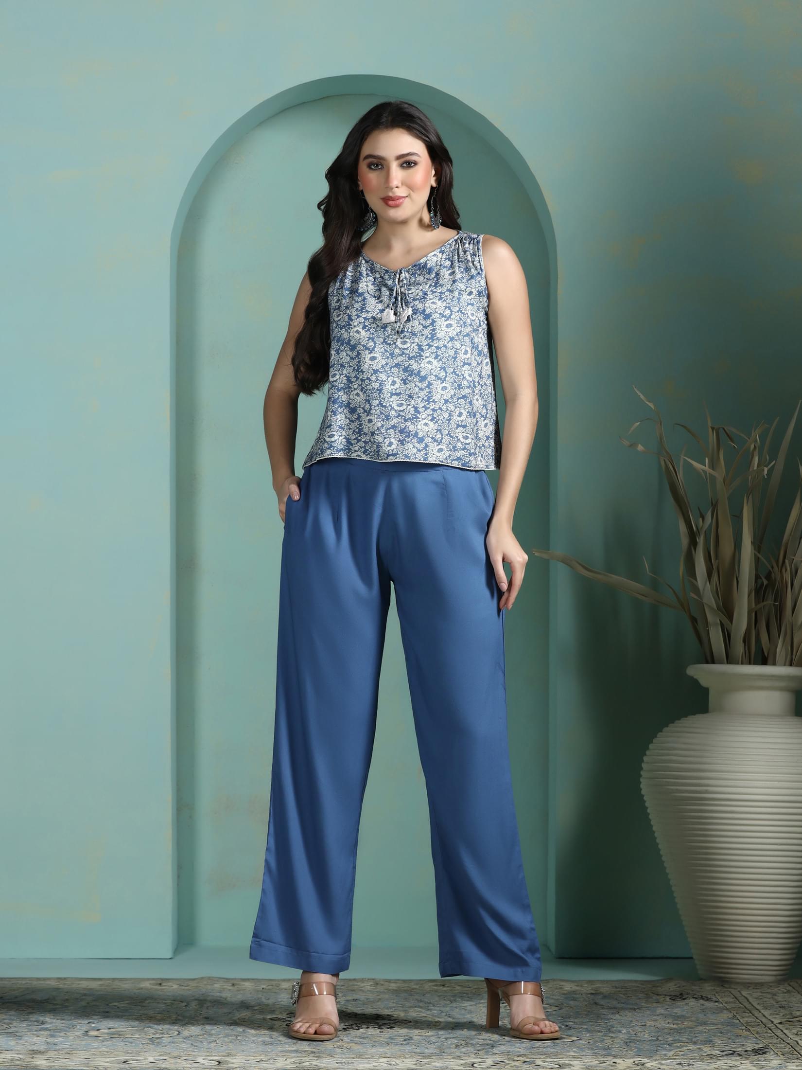 Women Liva Blue Printed Top With Comfort Pant.