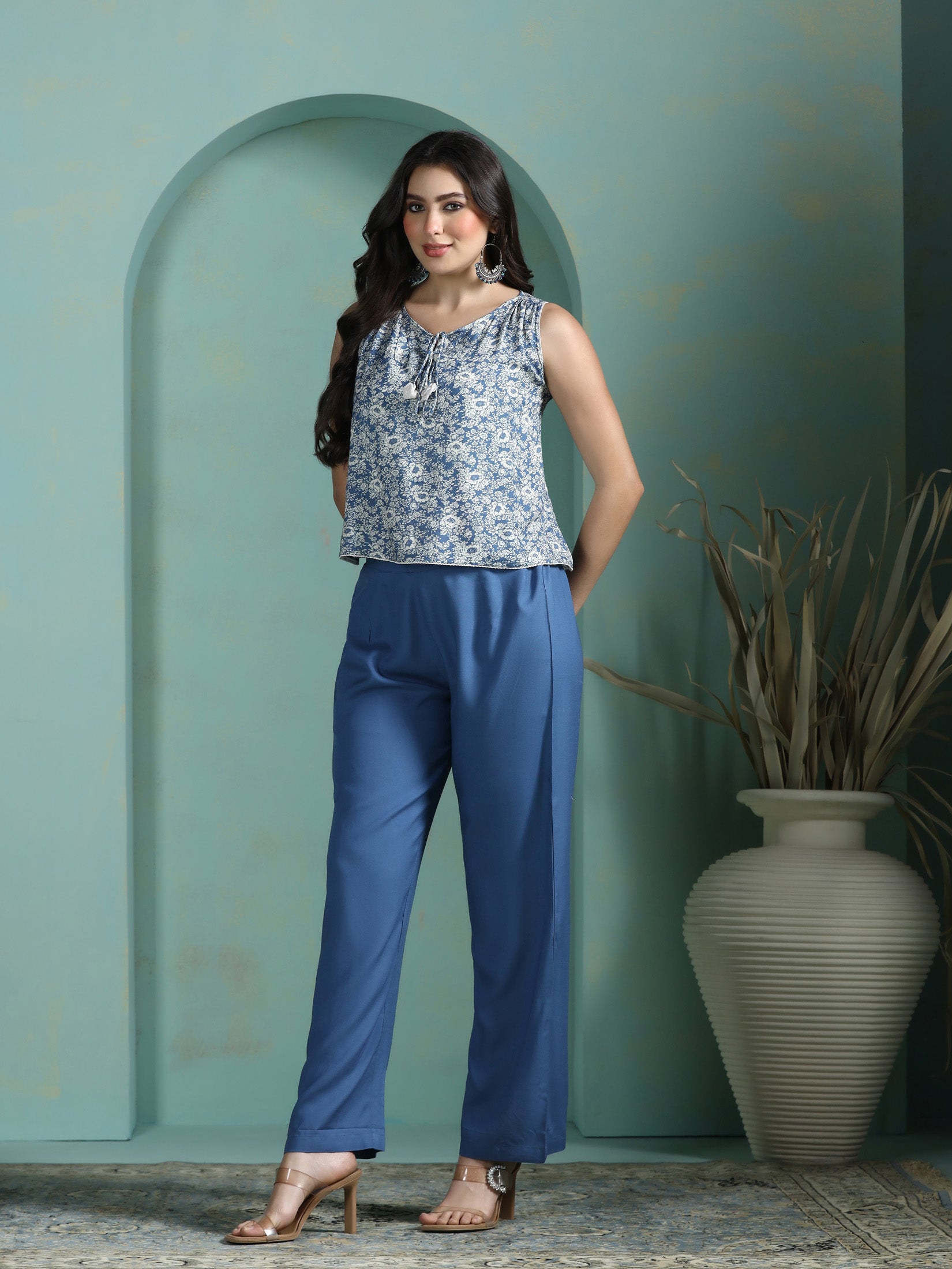 Women Liva Blue Printed Top With Comfort Pant