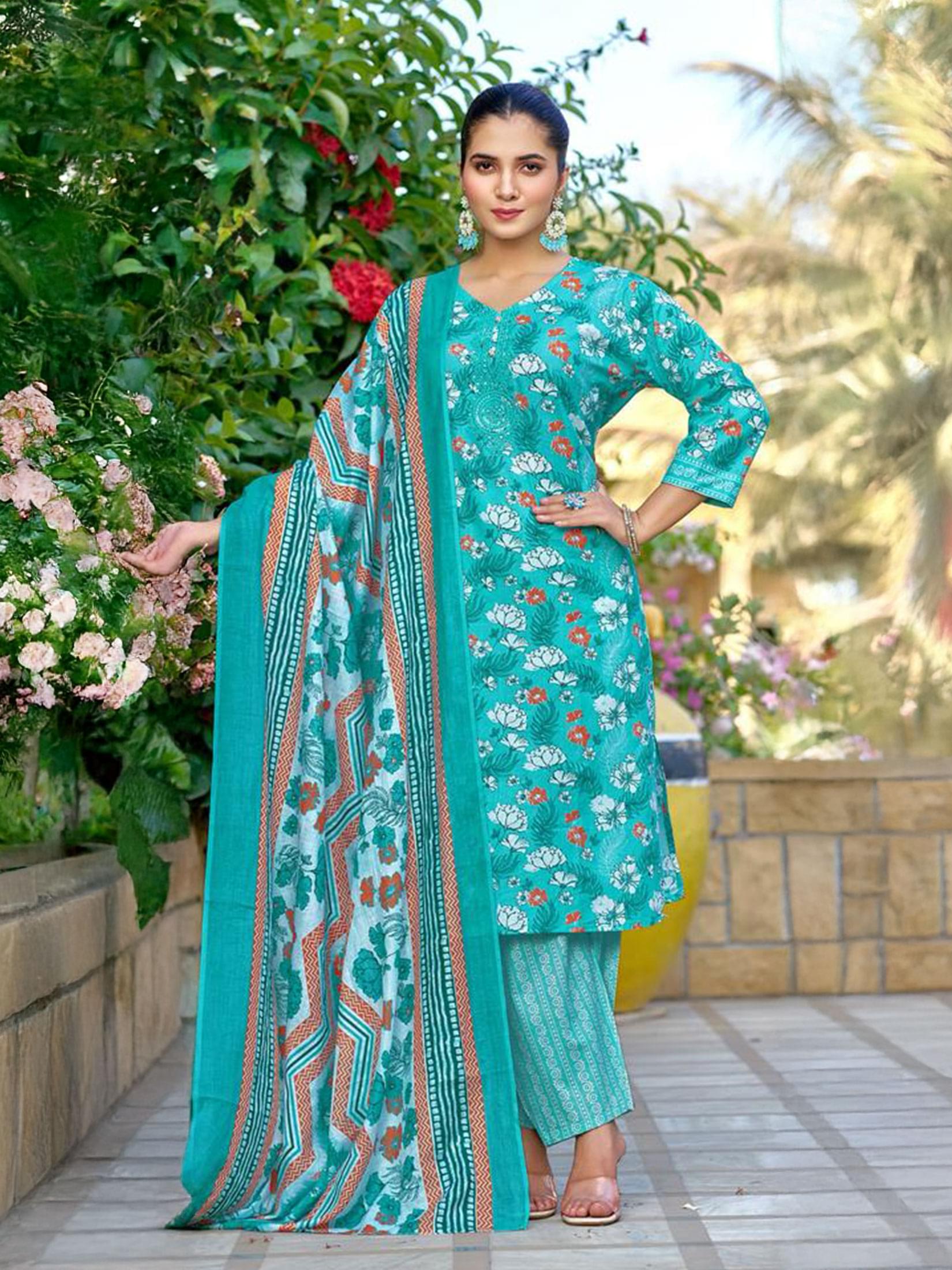 Indiessence aqua blue cambric cotton straight floral print daily wear suit set