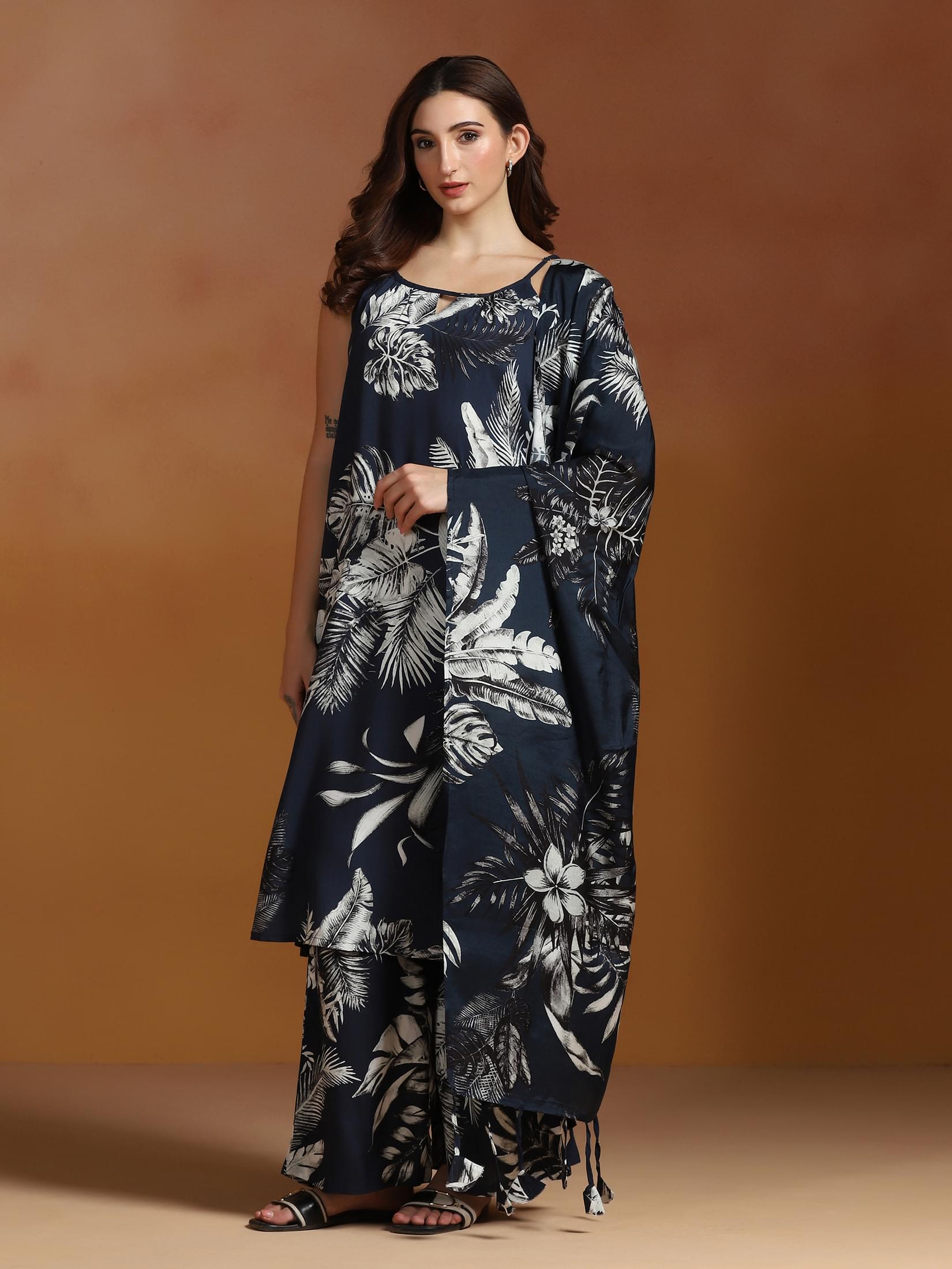 Indigo blue printed Liva fabric traditional kurta with wide leg trousers byshree