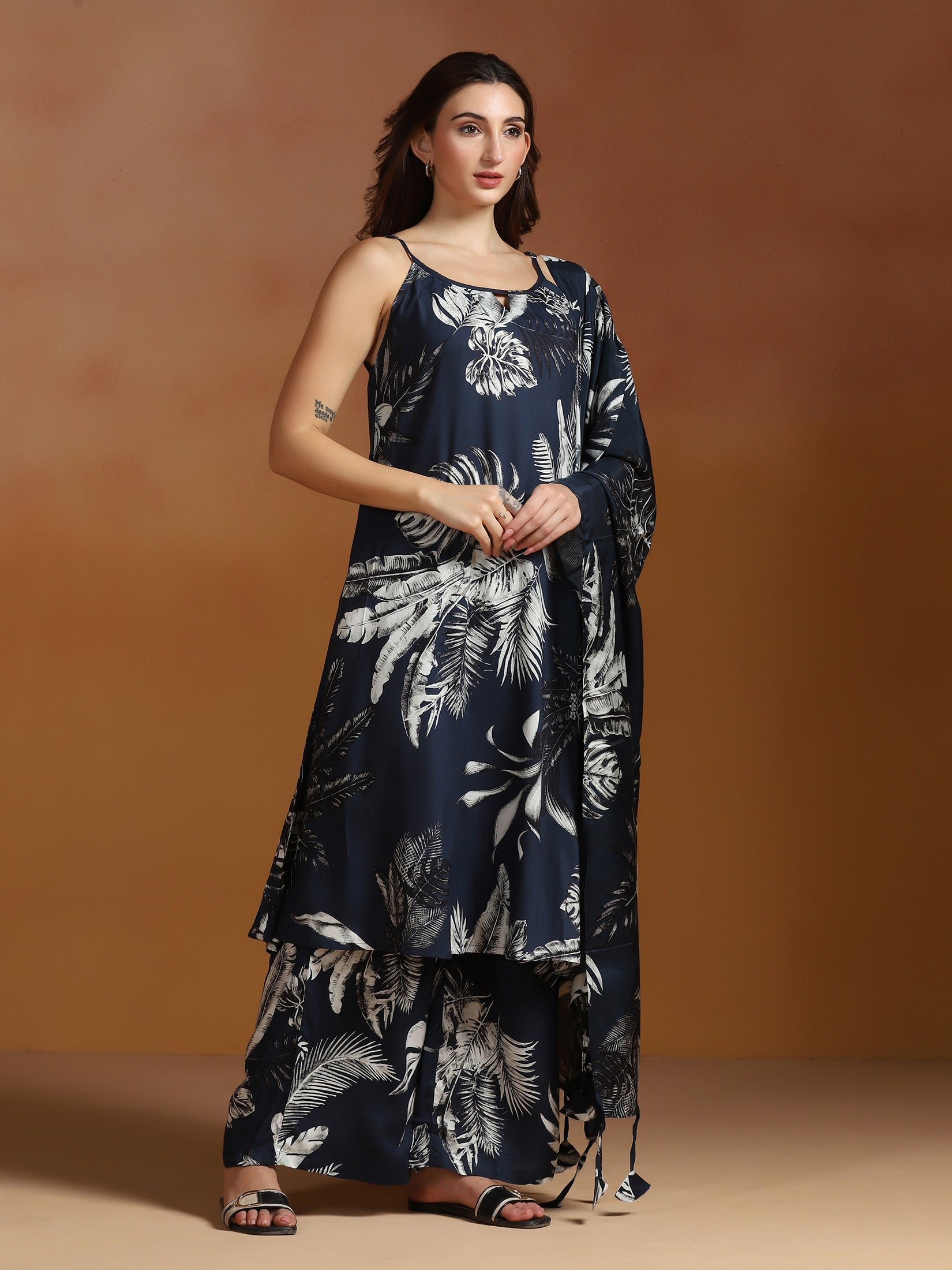 Women Liva Indigo Printed Kurta Wide Leg Pant Dupatta