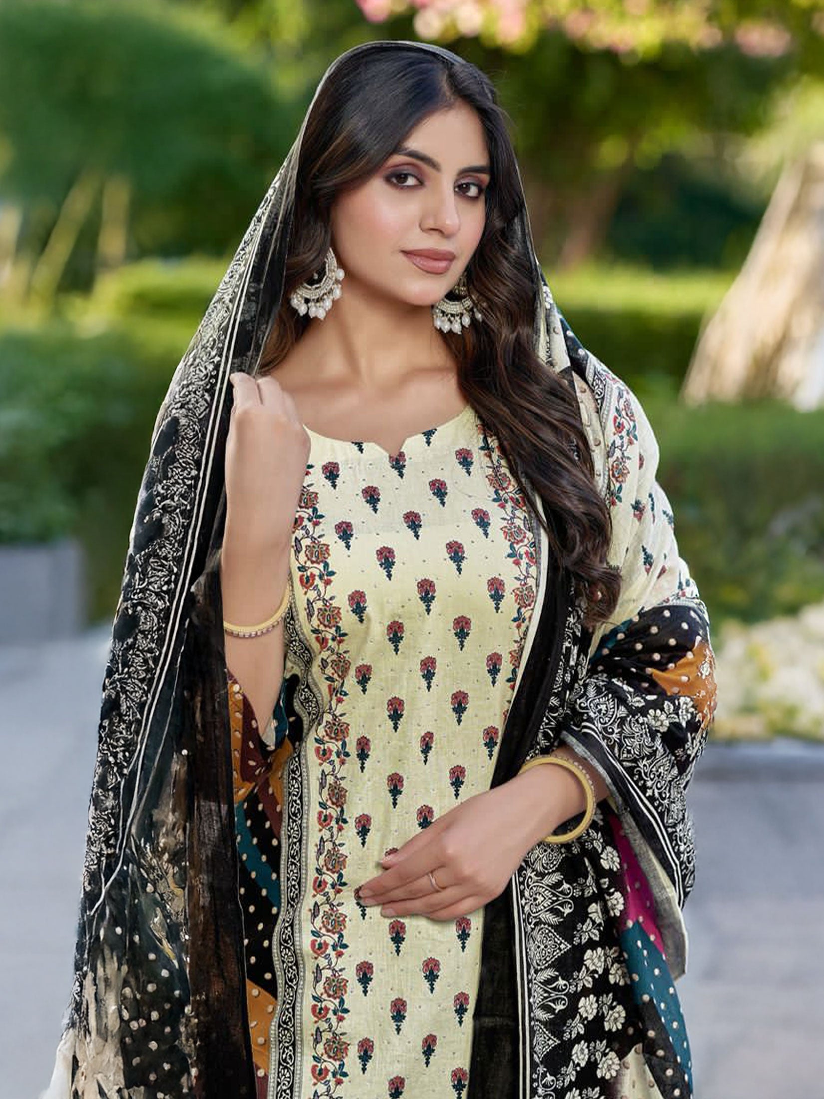 Indiessence Beige & Black Cambric Straight Floral Kurta Comfort Pant Dupatta