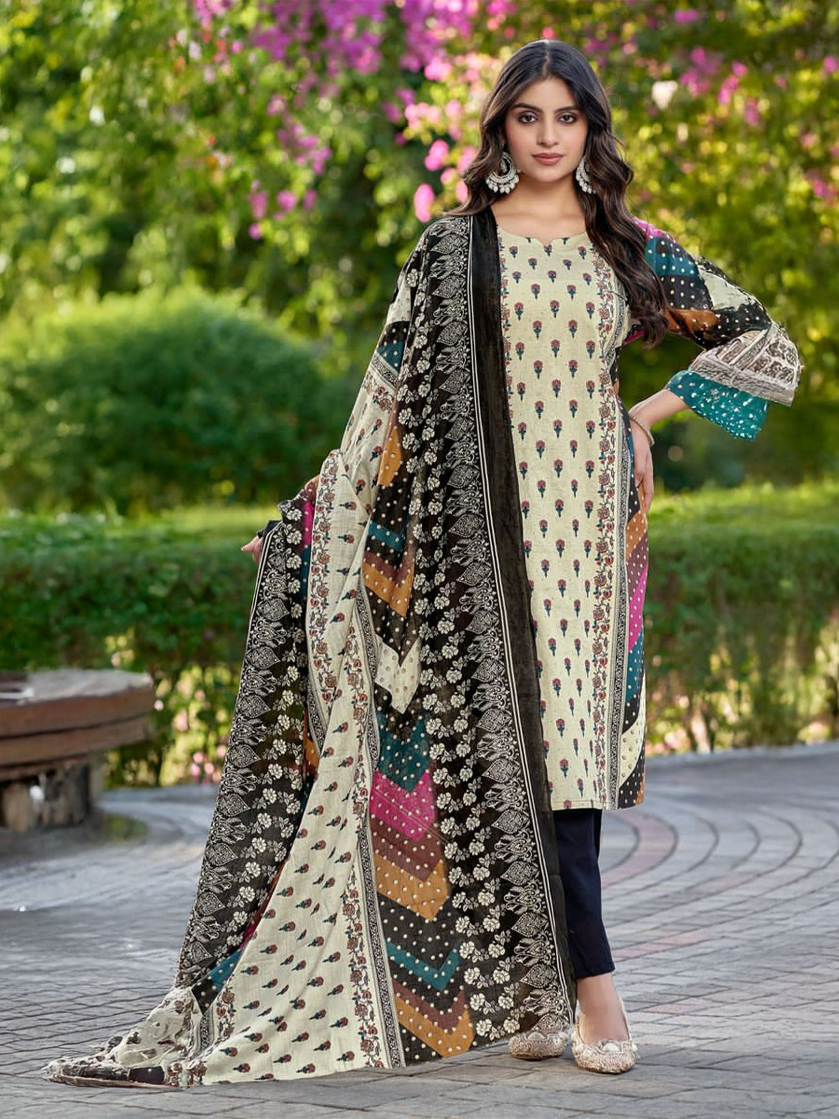 Indiessence Beige & Black Cambric Straight Floral Kurta Comfort Pant Dupatta
