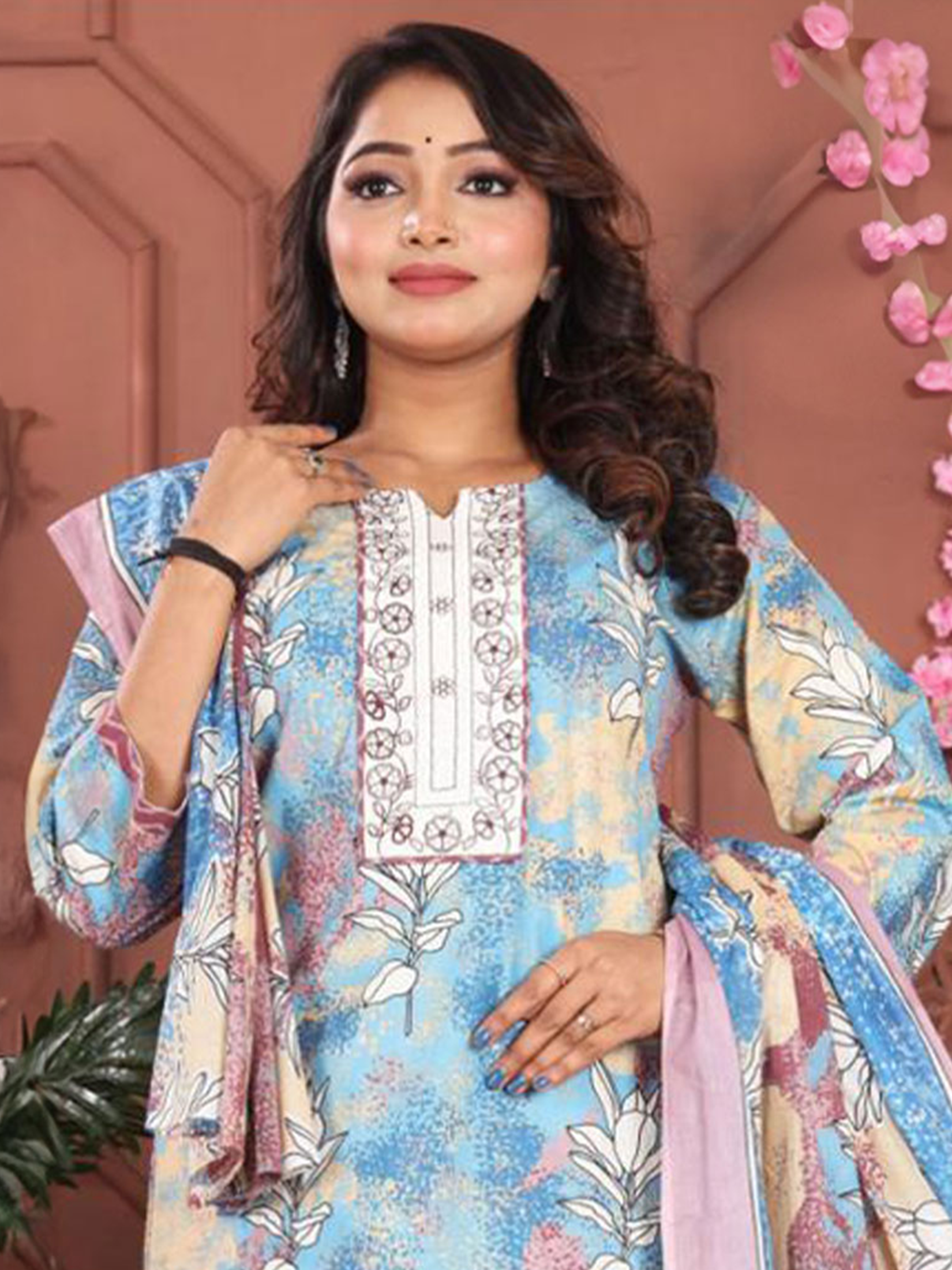 Indiessence Multicolor Cambric Straight Floral Kurta Comfort Pant Dupatta