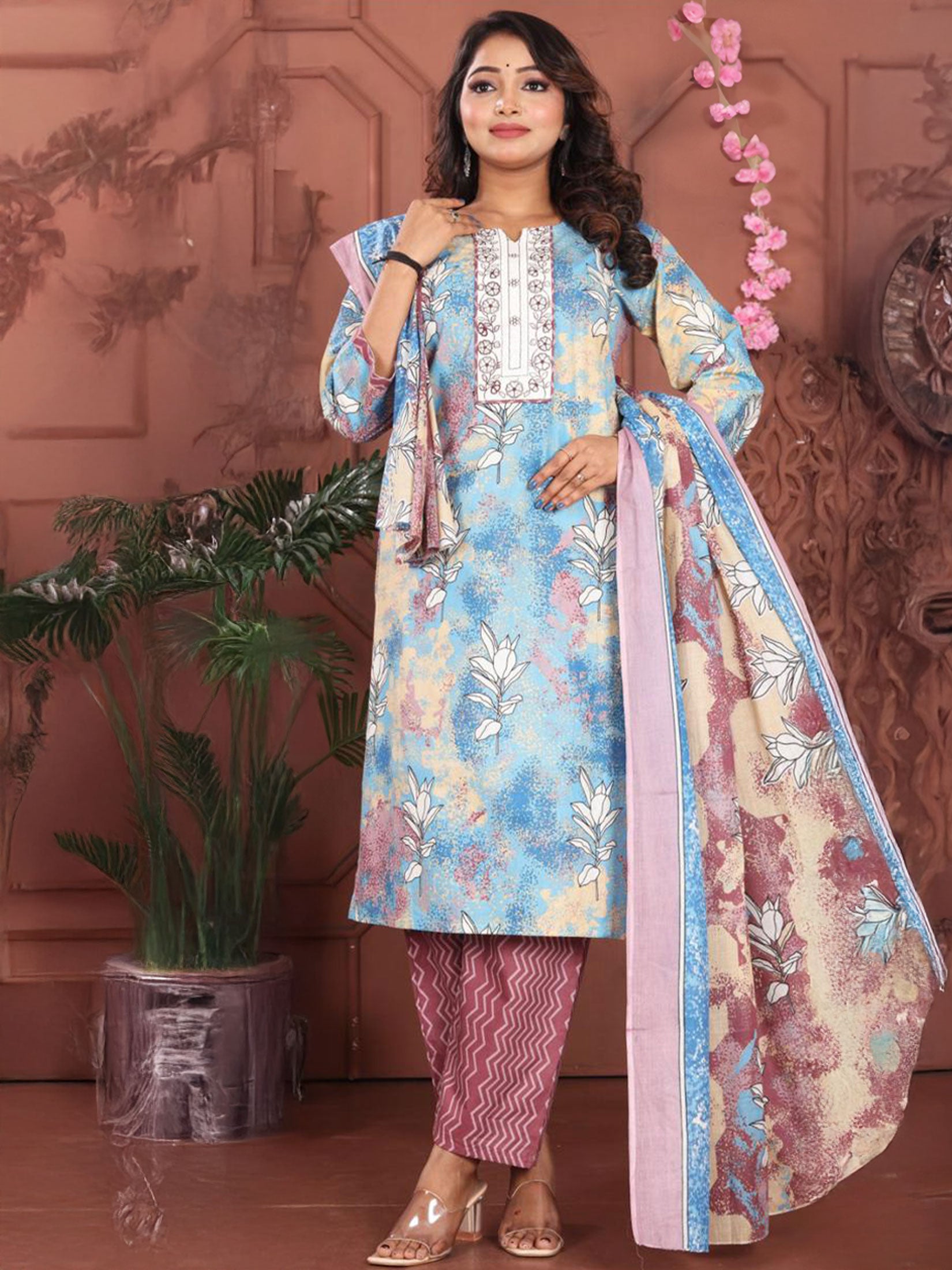 Indiessence Multicolor Cambric Straight Floral Kurta Comfort Pant Dupatta