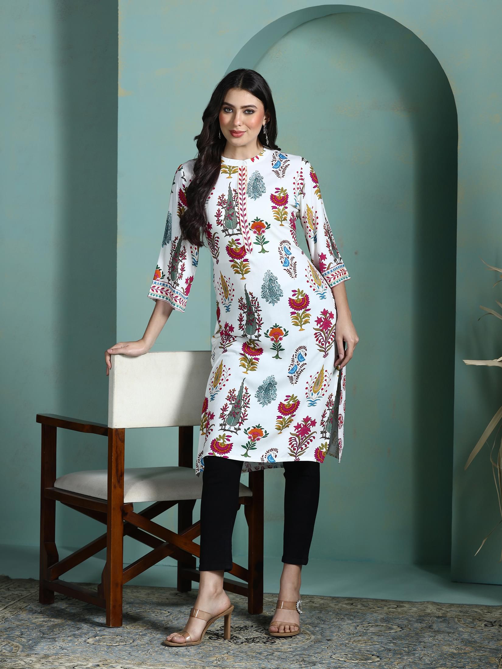 Casual lifestyle off white printed Liva fabric straight line single kurta