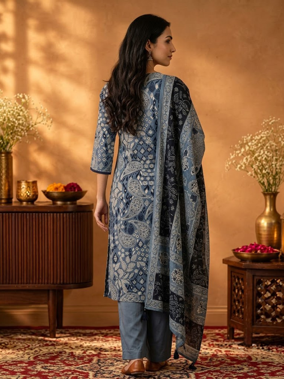 Women Indigo Printed Kurta Comfort Pant Dupatta