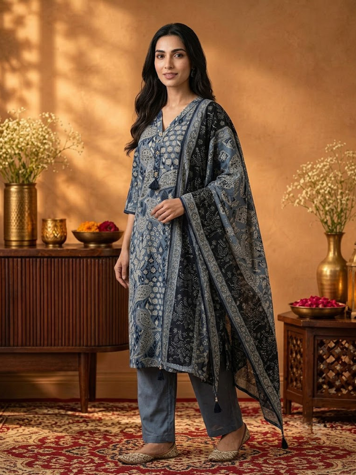 Women Indigo Printed Kurta Comfort Pant Dupatta