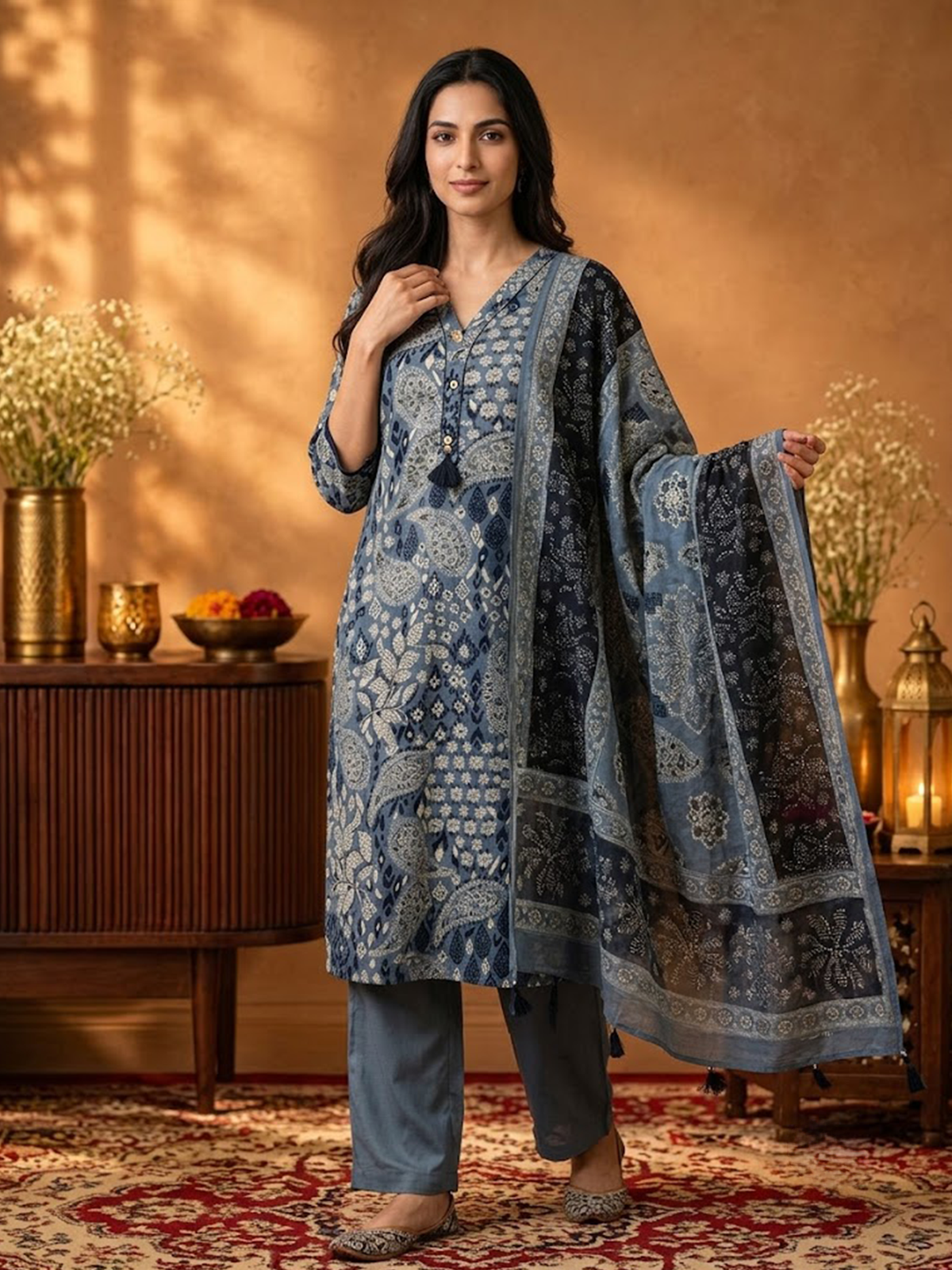 Women Indigo Printed Kurta Comfort Pant Dupatta