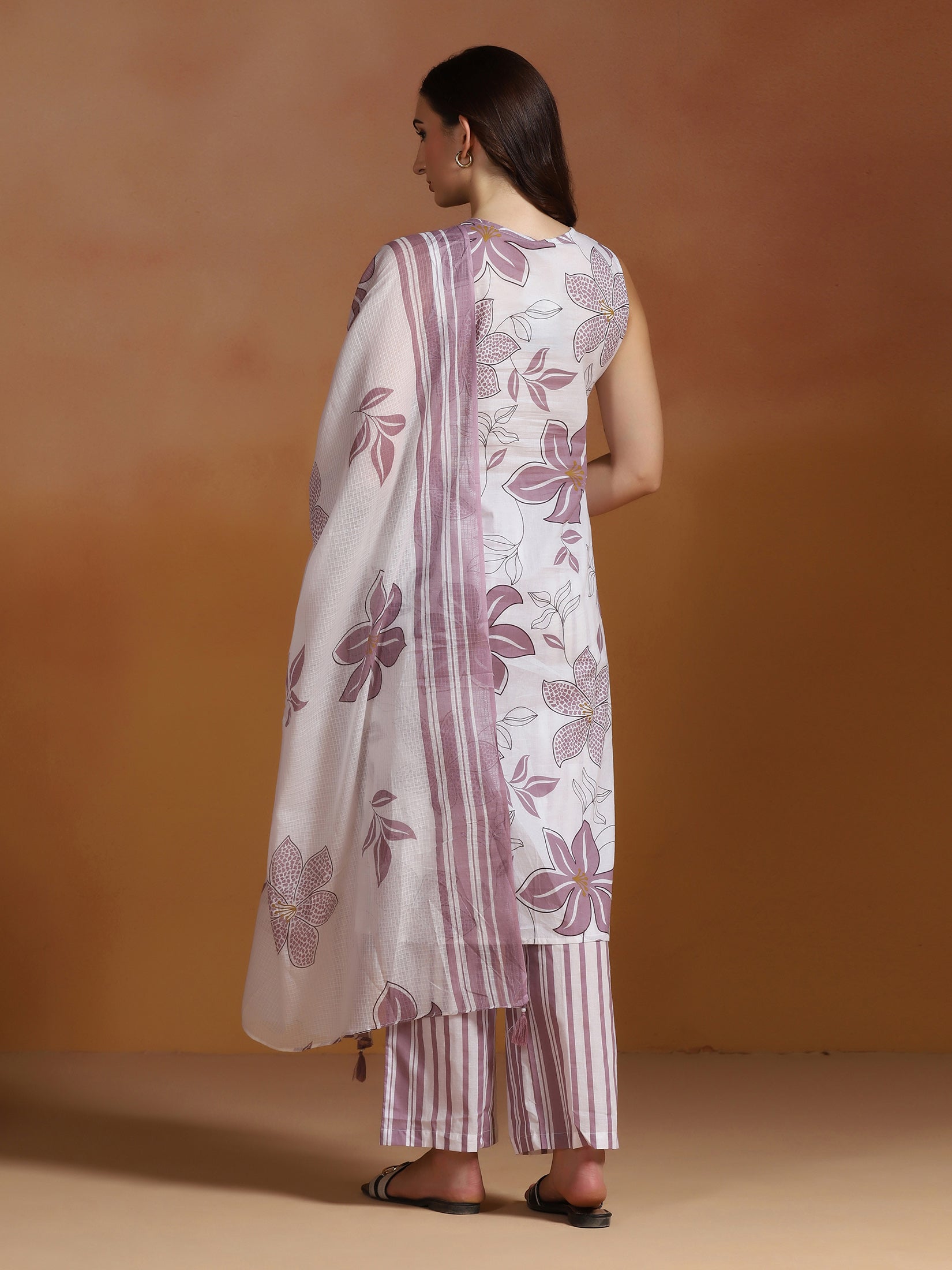 Women Cotton Off-white and Purple Printed Kurta Comfort Pant Dupatta