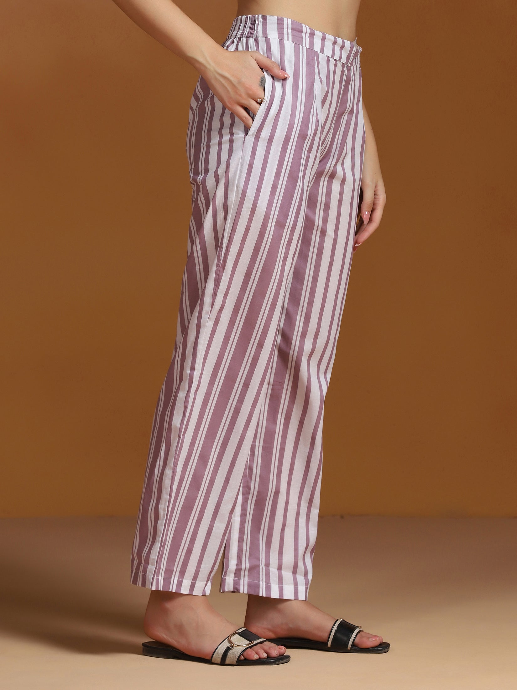 Women Cotton Off-white and Purple Printed Kurta Comfort Pant Dupatta