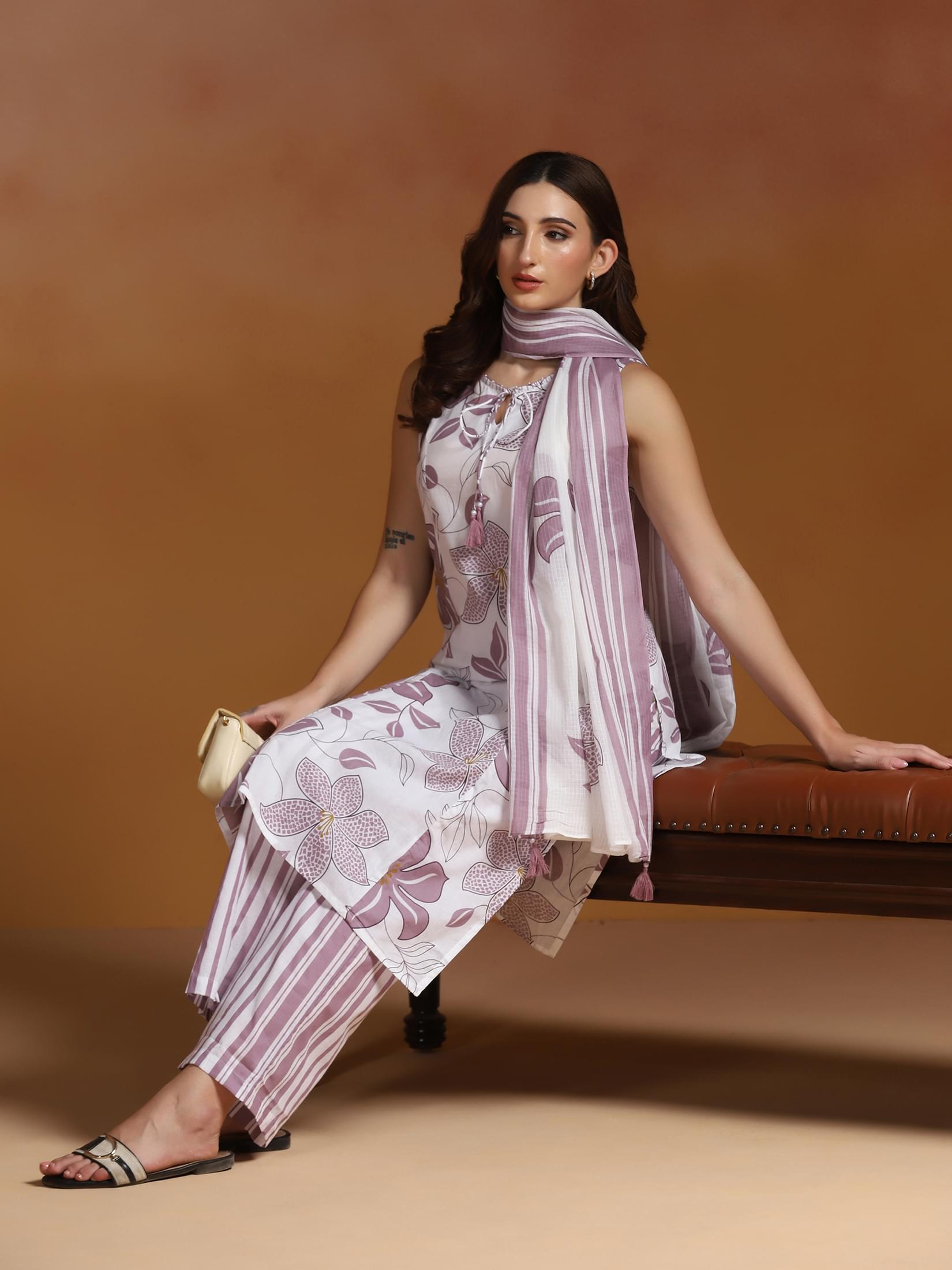 Off-white and purple floral printed cotton kurta comfort trousers dupatta
