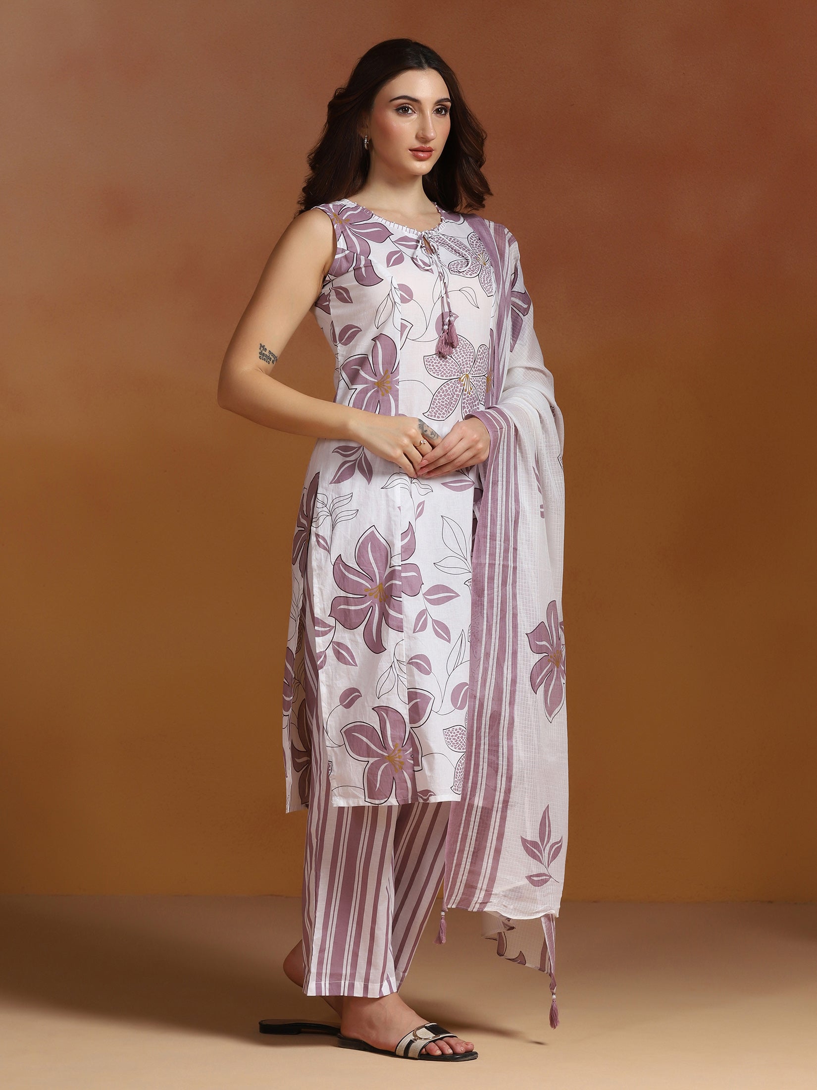 Women Cotton Off-white and Purple Printed Kurta Comfort Pant Dupatta
