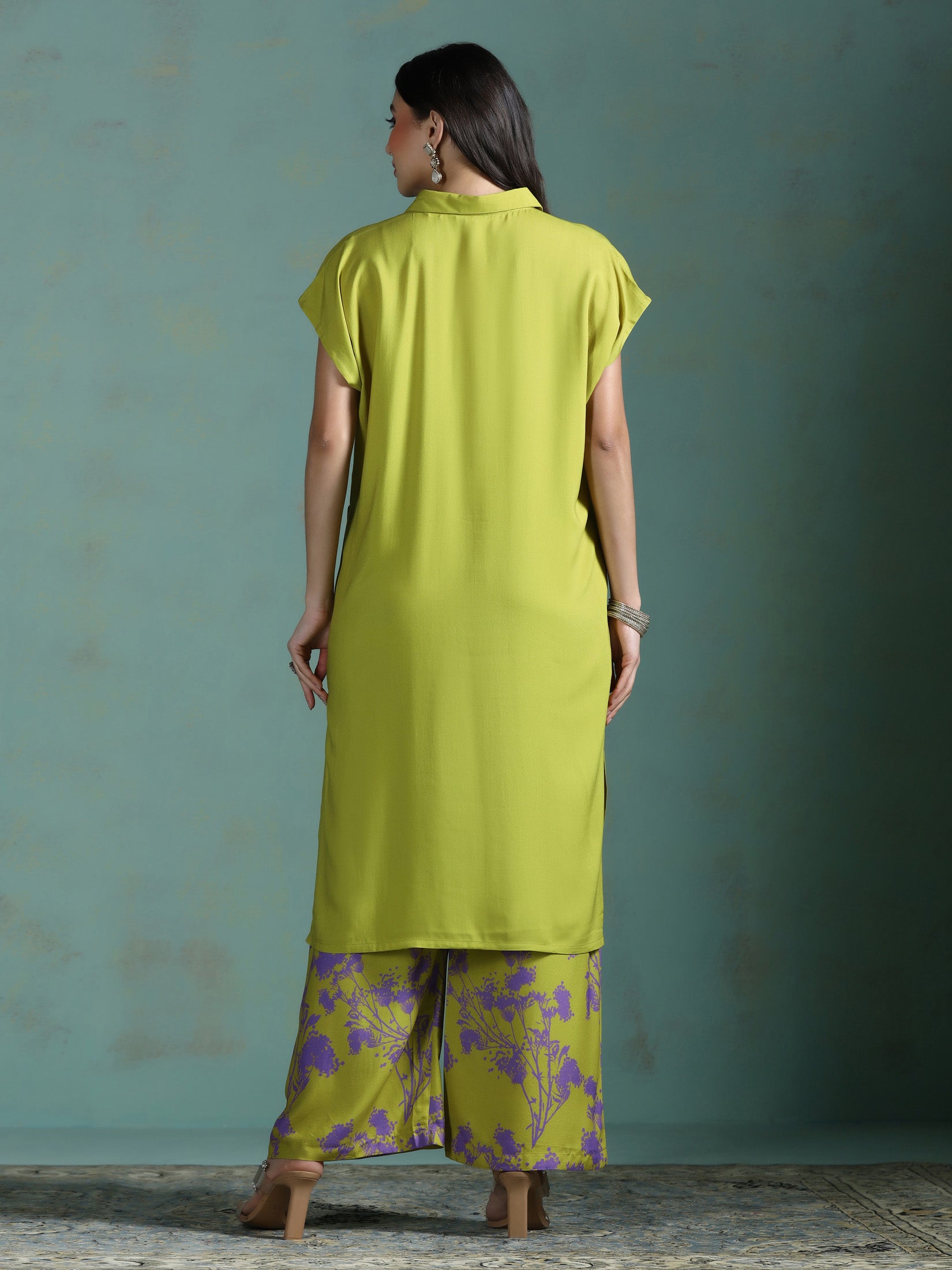 Women Liva Green Printed Kurta With Wide Leg Pant