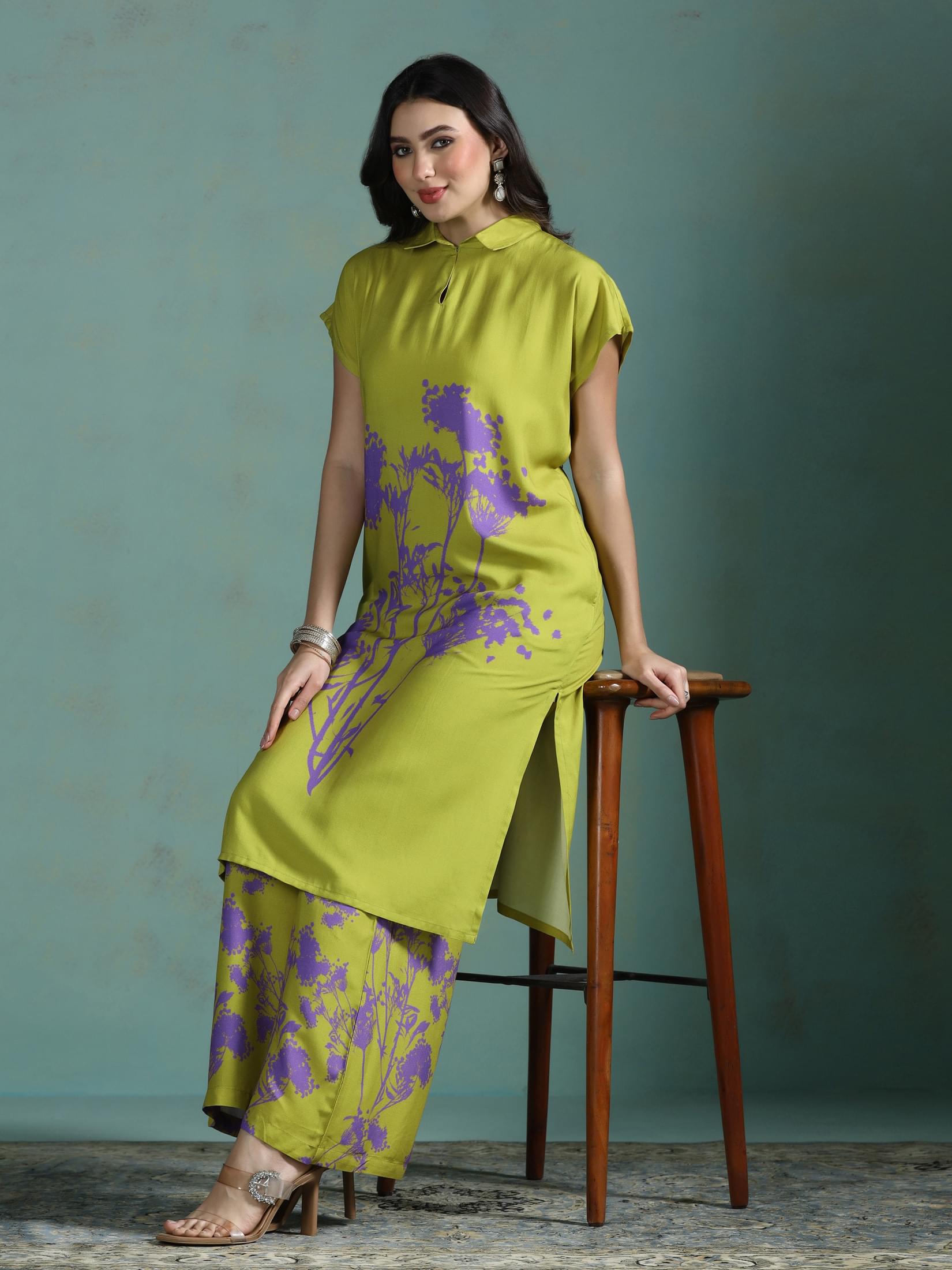 Apple green printed Liva fabric casual kurta with modern wide leg pants
