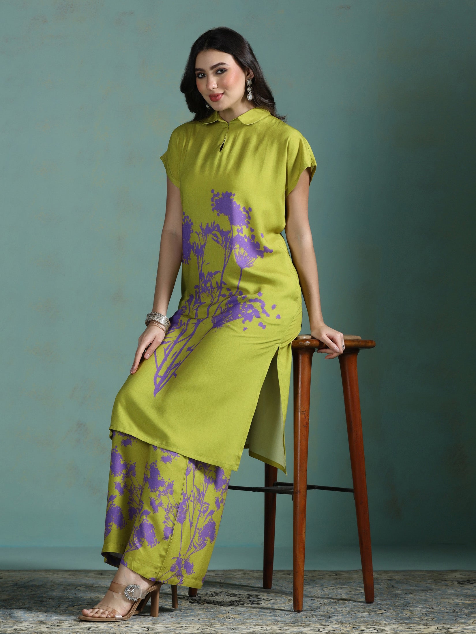 Women Liva Green Printed Kurta With Wide Leg Pant