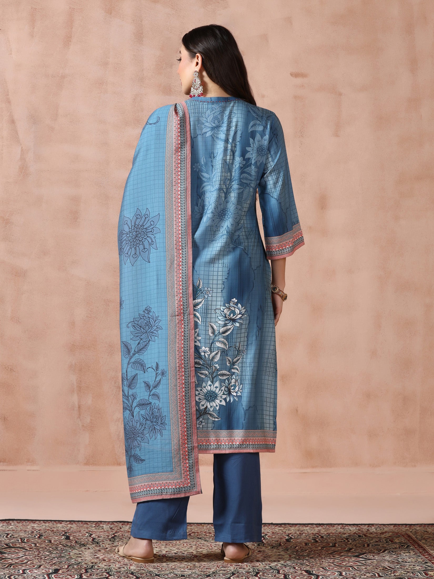 Women Liva Blue Printed Kurta Comfort Pant Dupatta