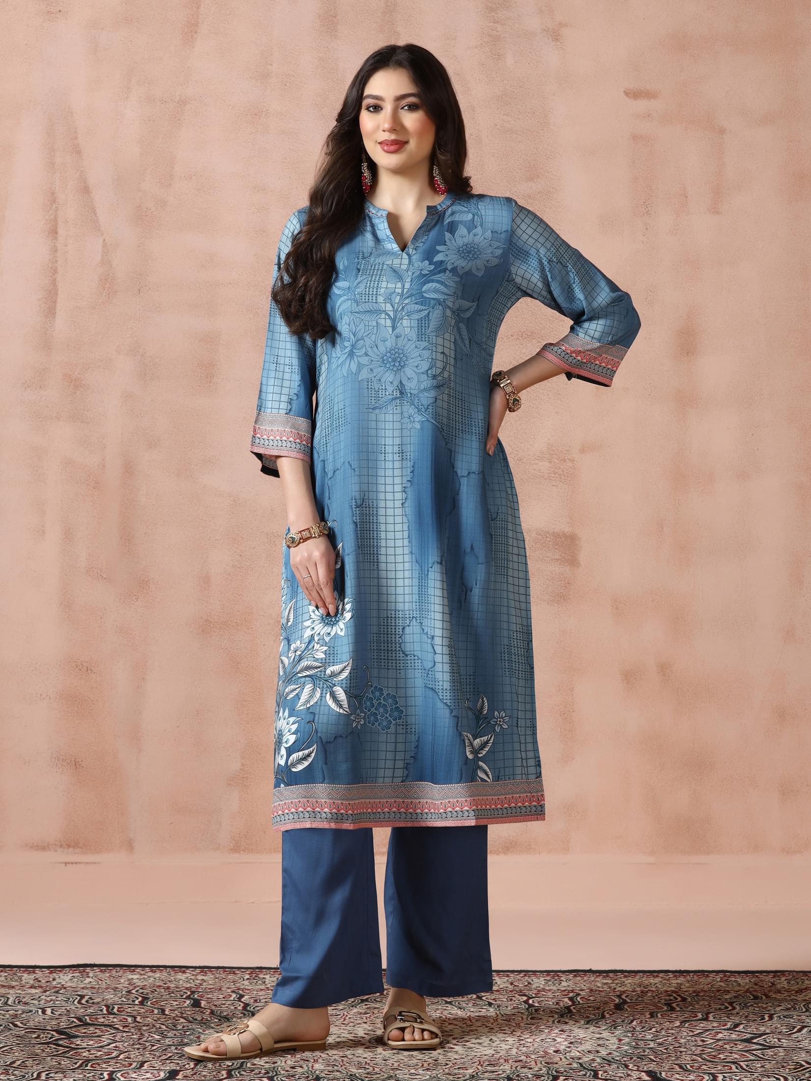 Women Liva Blue Printed Kurta Comfort Pant Dupatta.