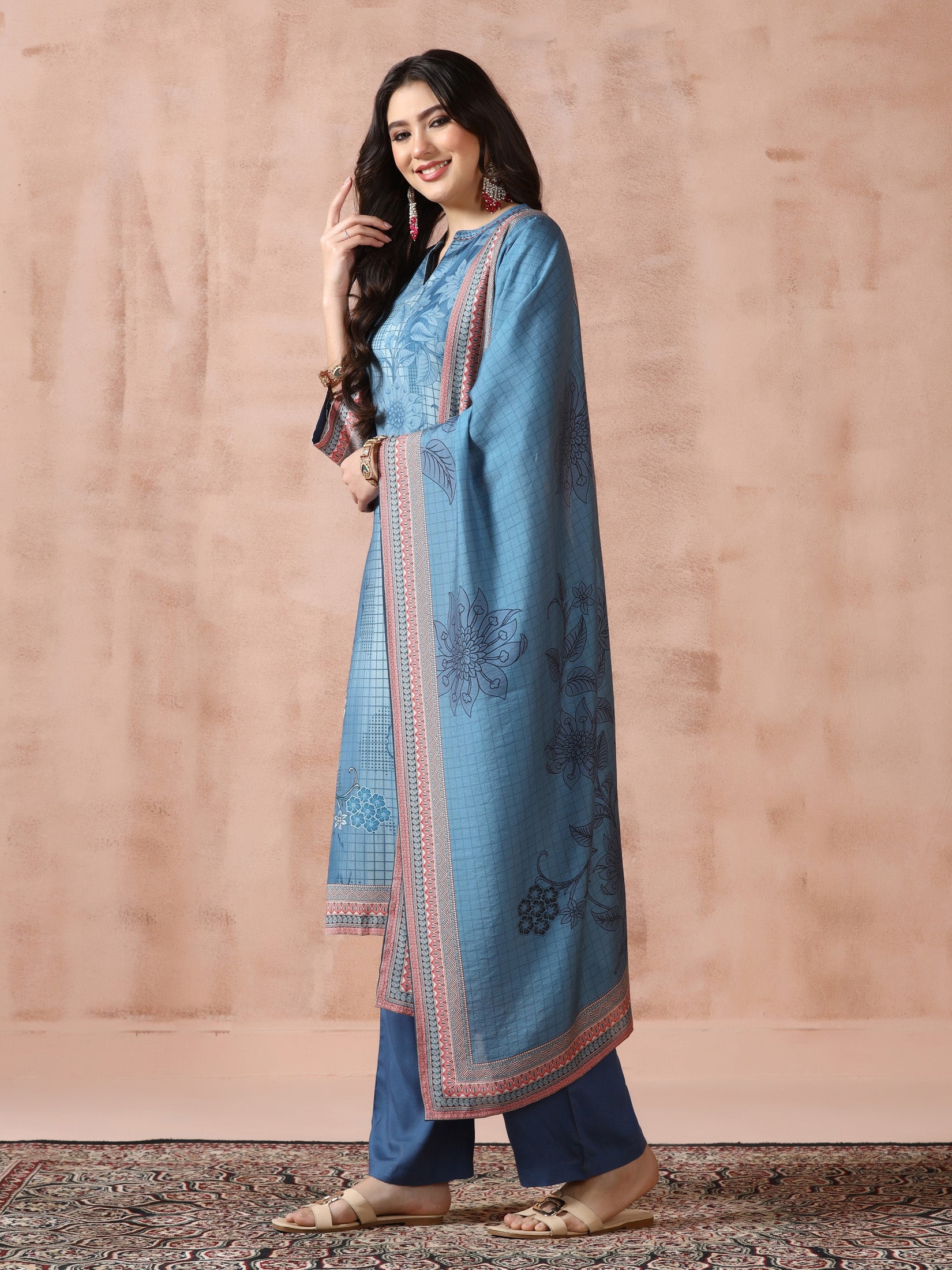 Women Liva Blue Printed Kurta Comfort Pant Dupatta