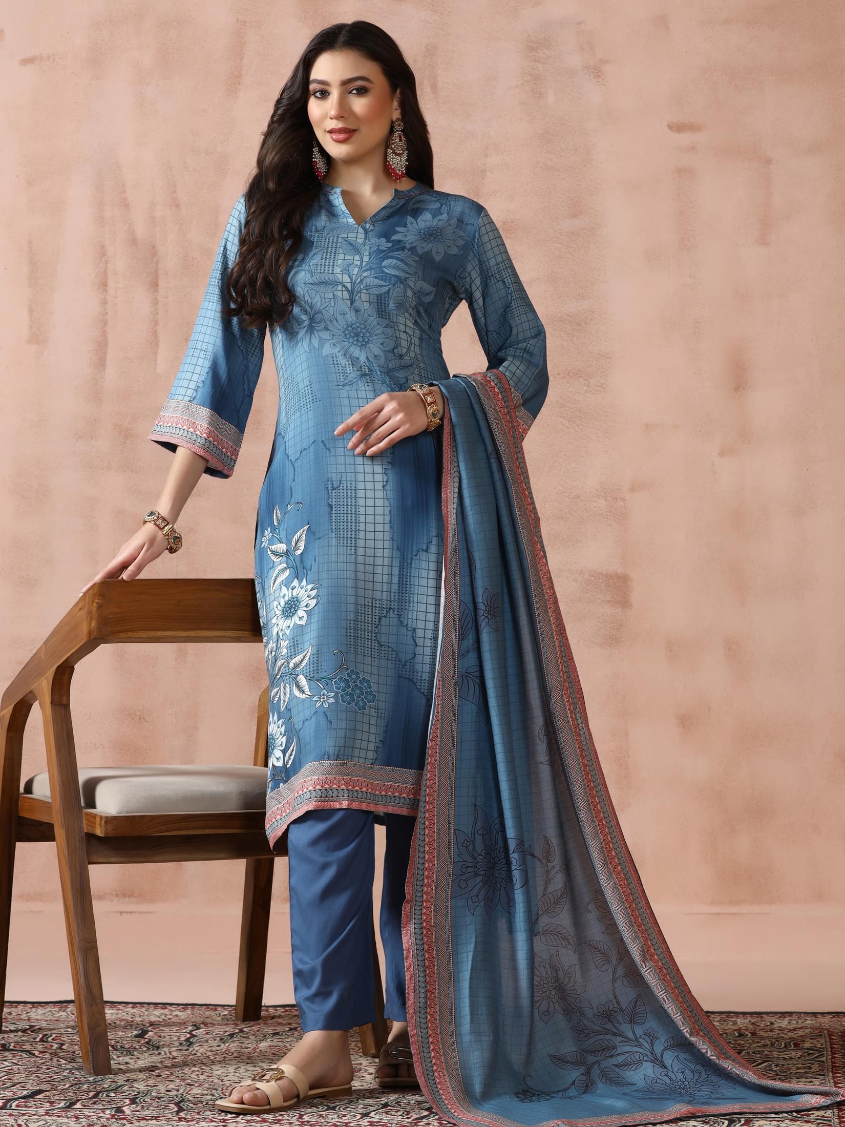 Cornflower blue traditional print Liva fabric comfort fit dupatta suit set