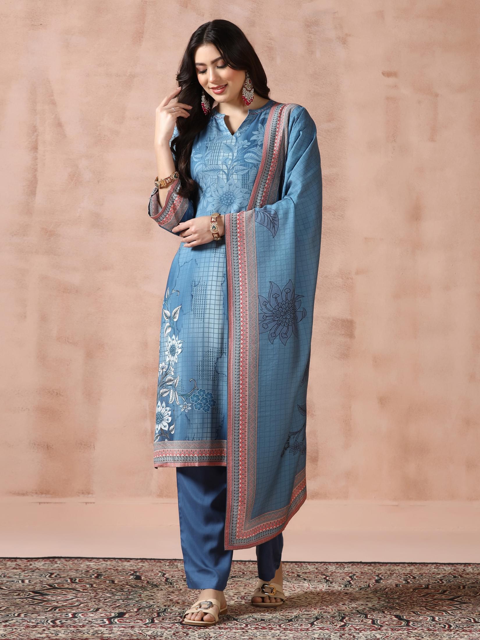 Women Liva Blue Printed Kurta Comfort Pant Dupatta.