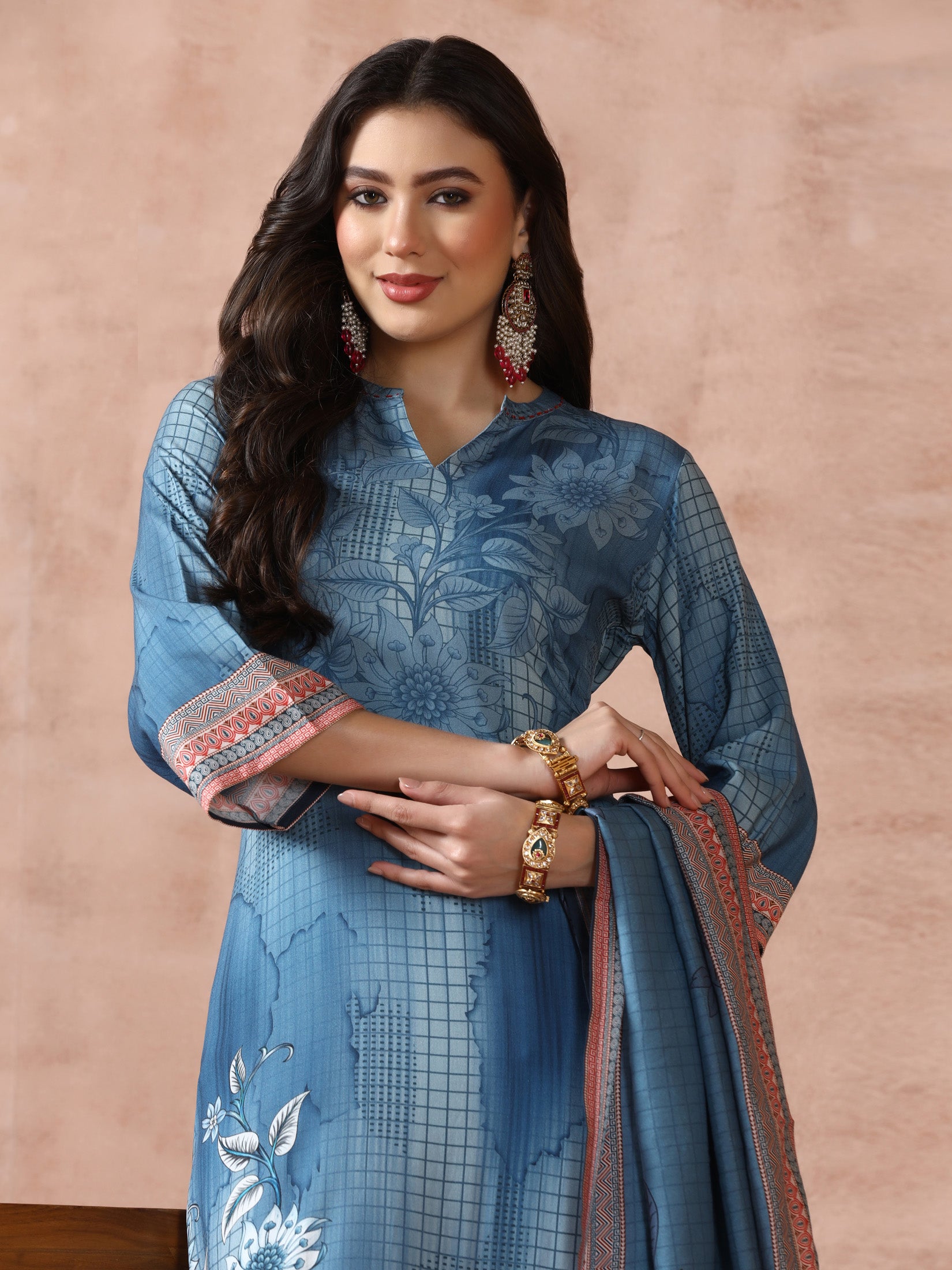 Women Liva Blue Printed Kurta Comfort Pant Dupatta
