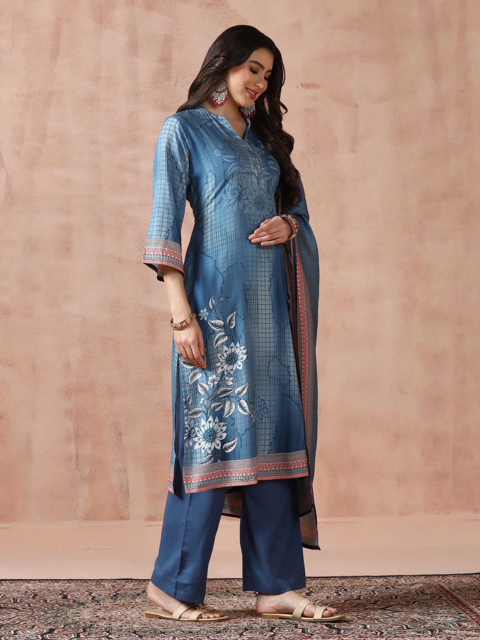 Women Liva Blue Printed Kurta Comfort Pant Dupatta
