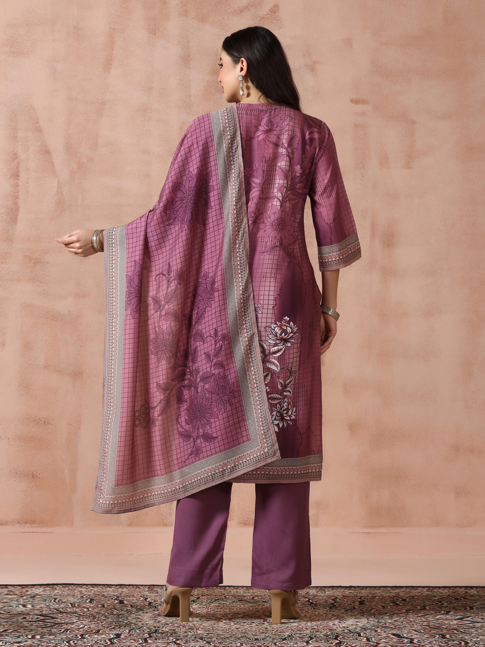Women Liva Burgundy Printed Kurta Comfort Pant Dupatta