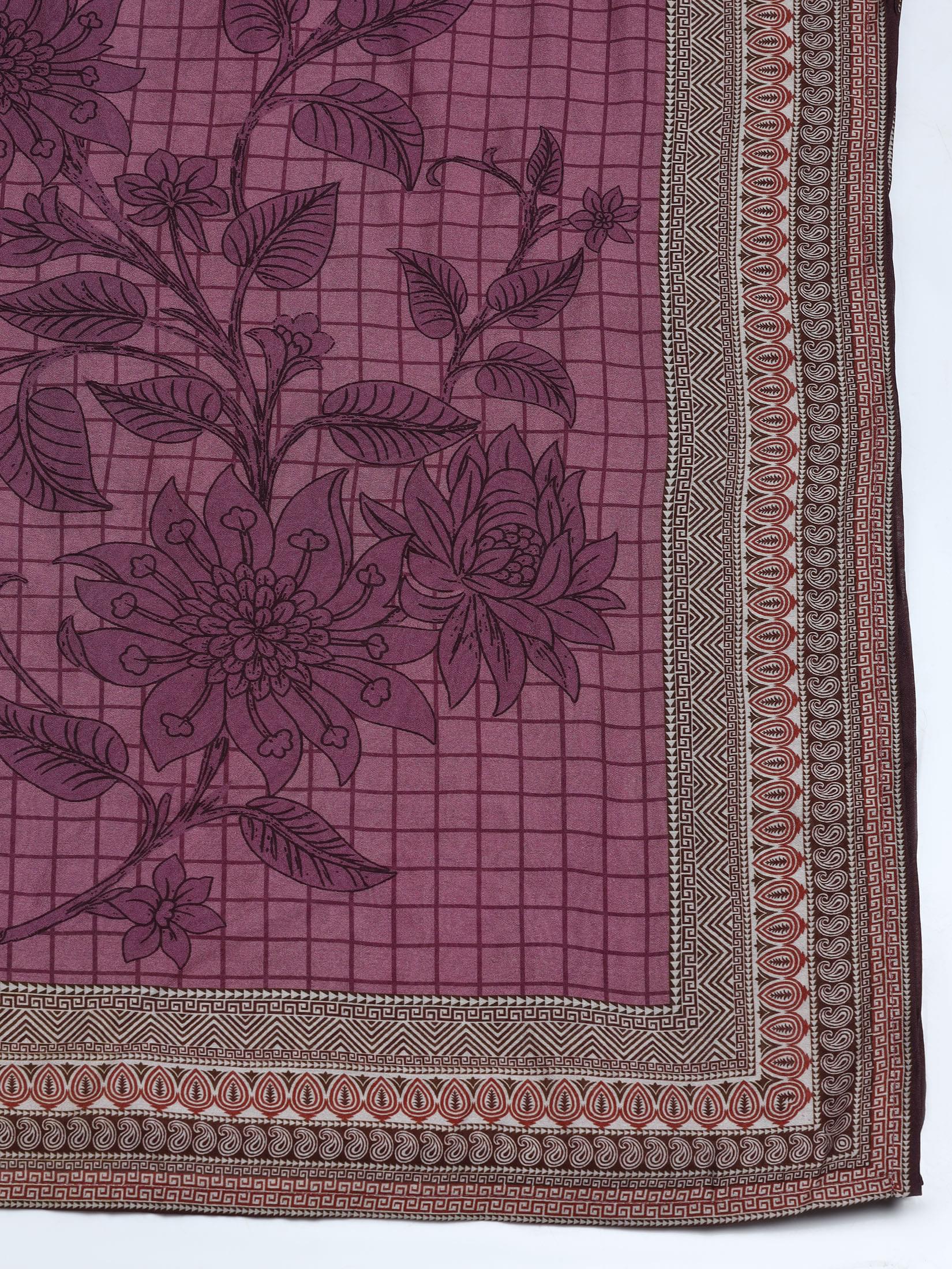 Women Liva Burgundy Printed Kurta Comfort Pant Dupatta.