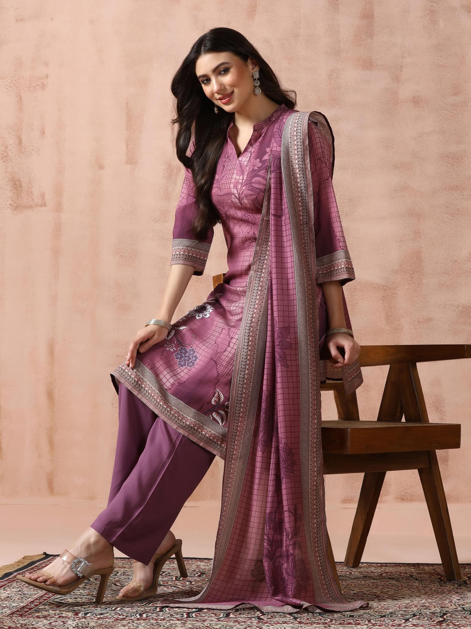 Deep burgundy plum print Liva fabric premium festive wear suit set
