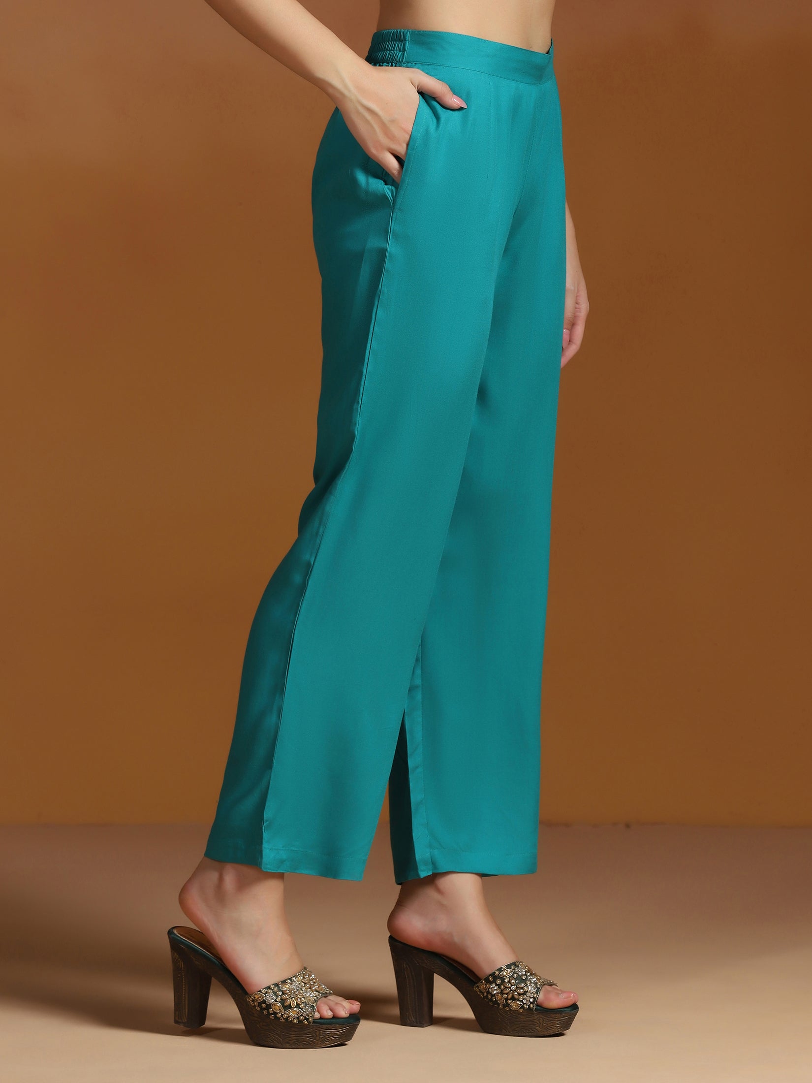 Women Liva Teal Blue Printed Kurta Comfort Pant Dupatta