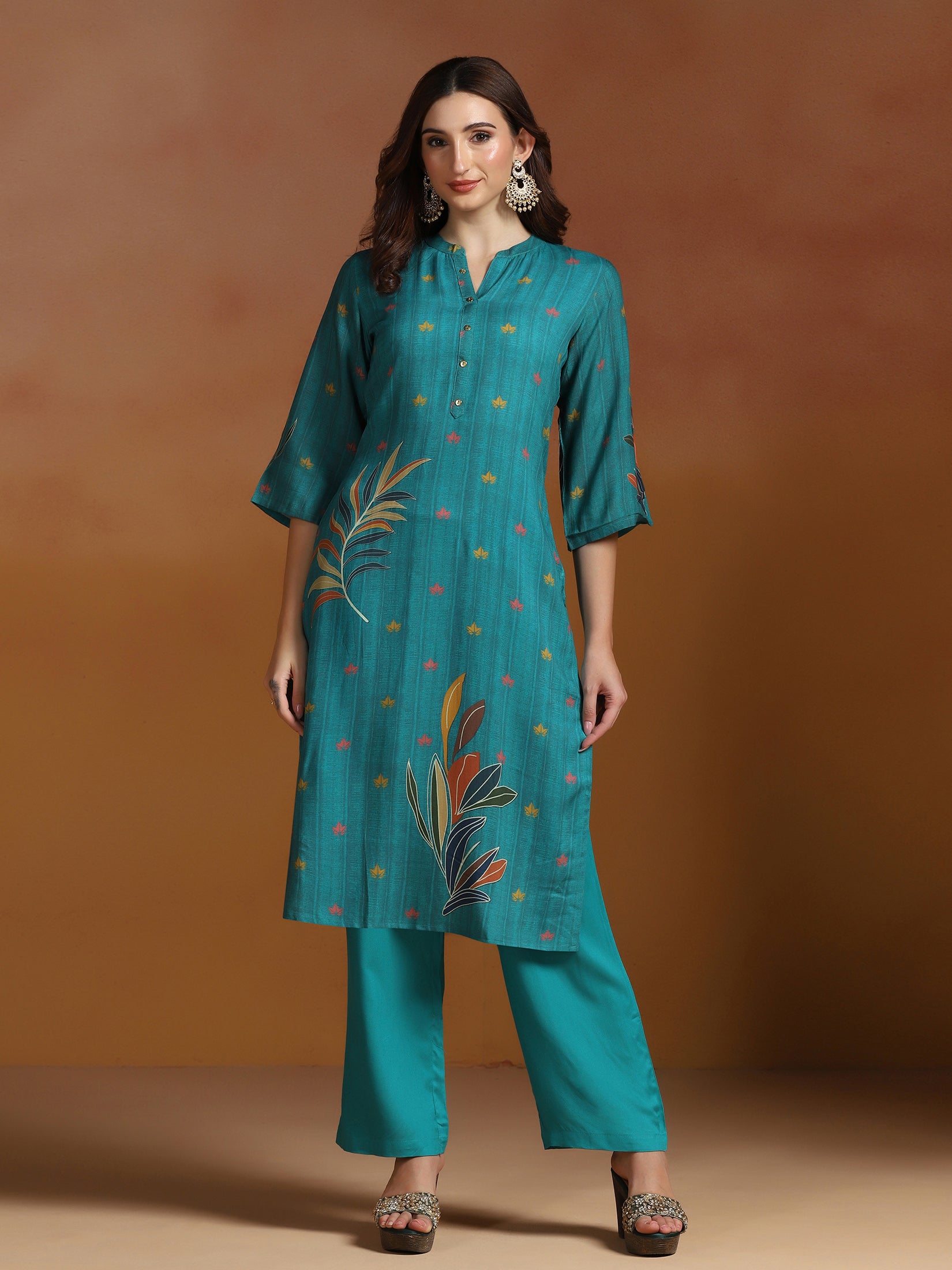 Women Liva Teal Blue Printed Kurta Comfort Pant Dupatta