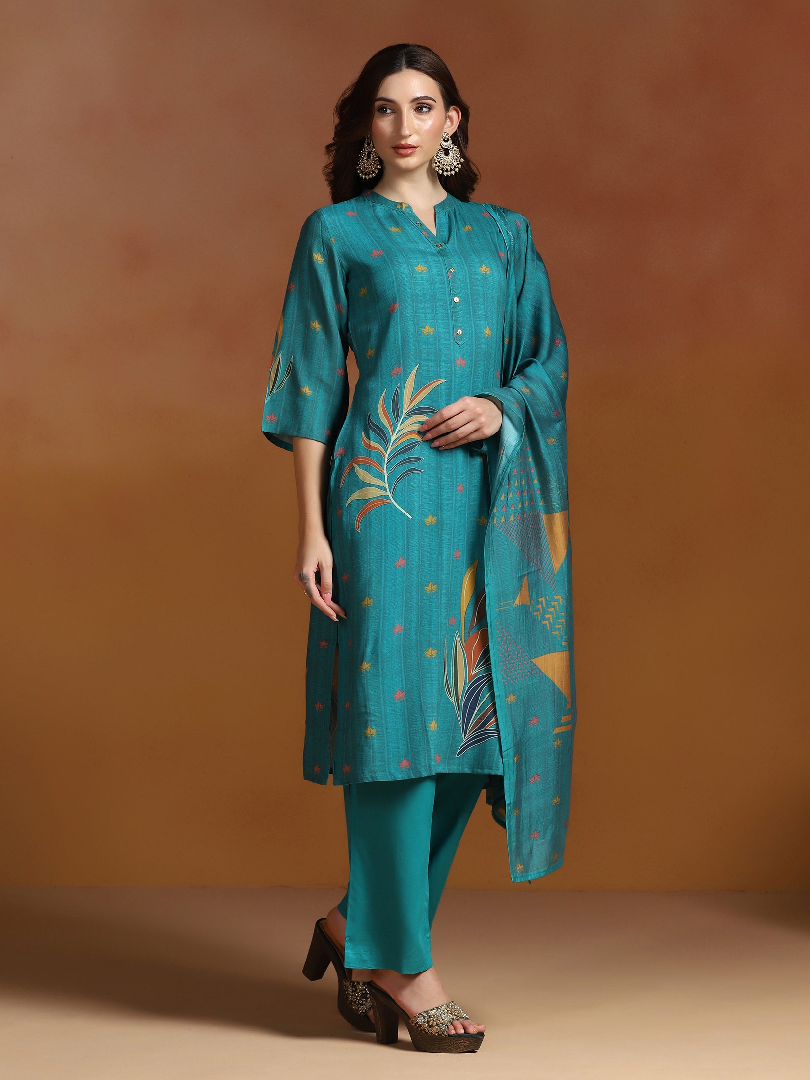 Women Liva Teal Blue Printed Kurta Comfort Pant Dupatta