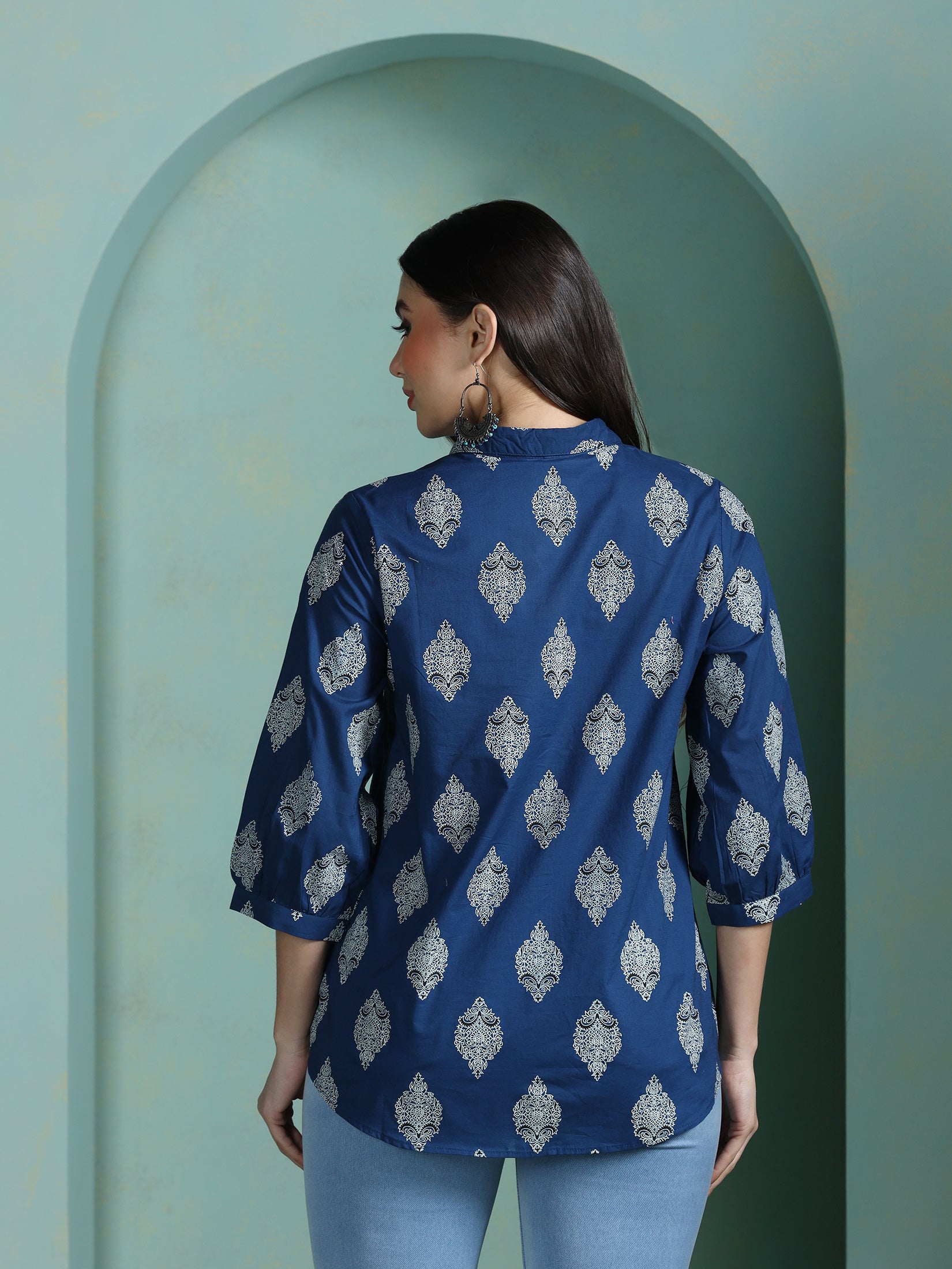 Women Cotton Blue Printed Tunic