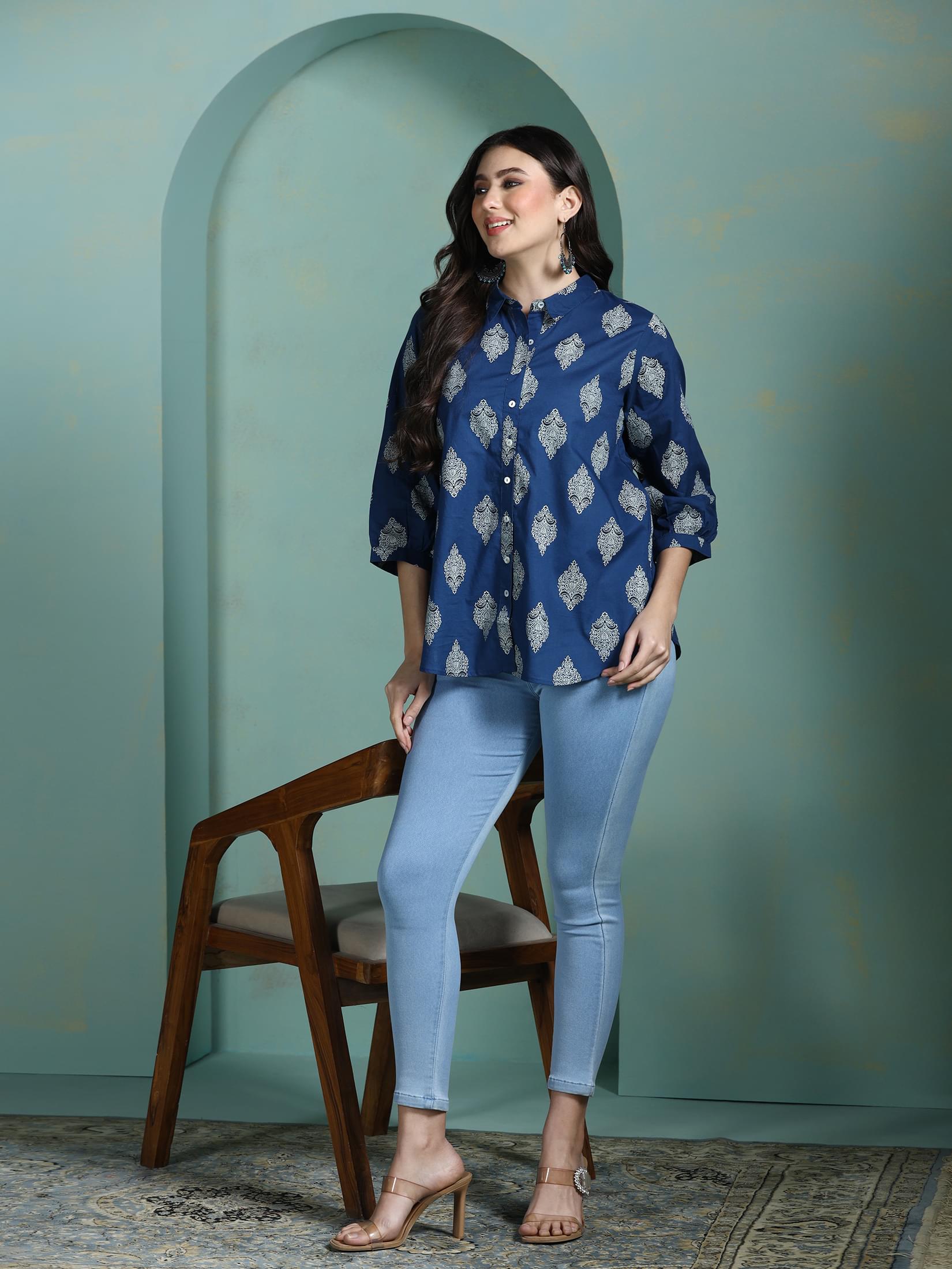 Sky blue printed cotton casual wear short tunic shirt for women