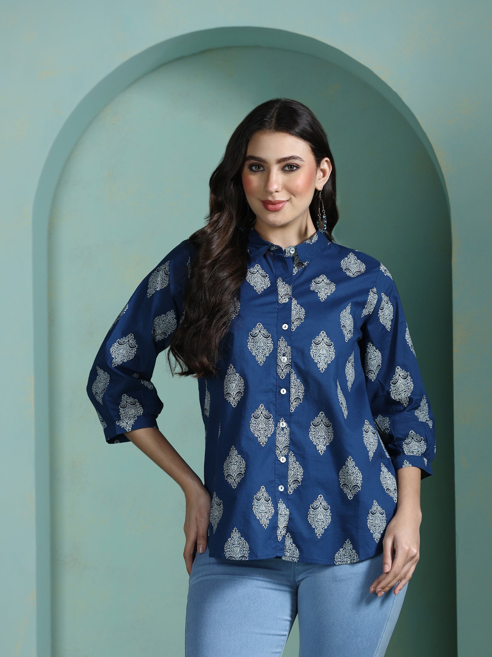 Women Cotton Blue Printed Tunic