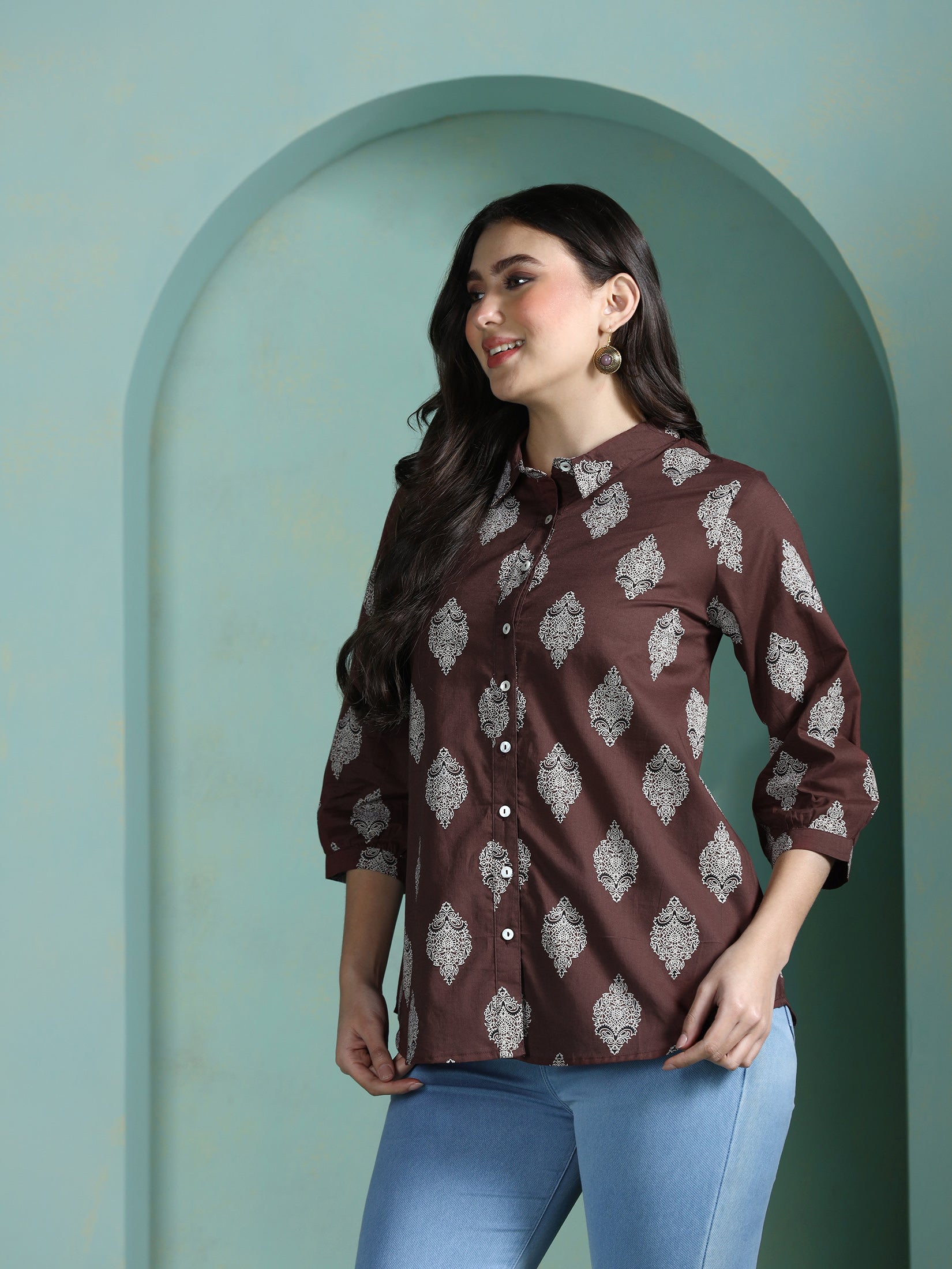 Women Cotton Brown Printed Tunic