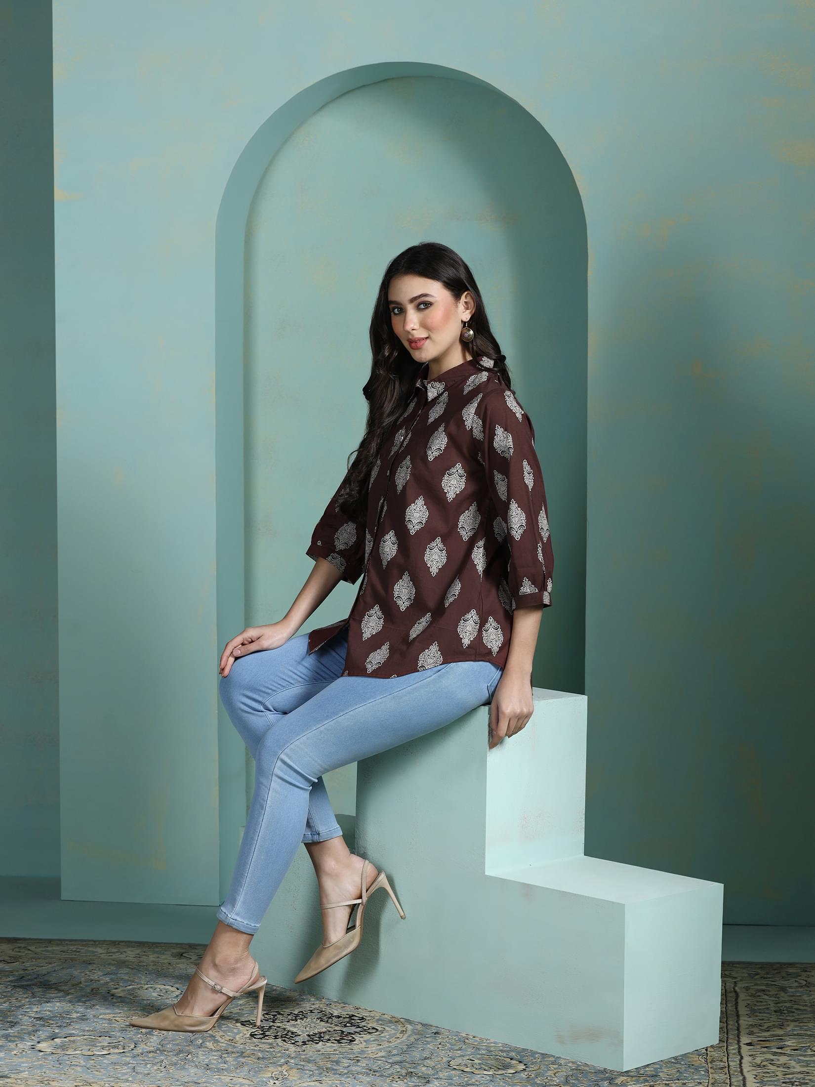 Earth brown printed cotton comfort fit lightweight summer tunic