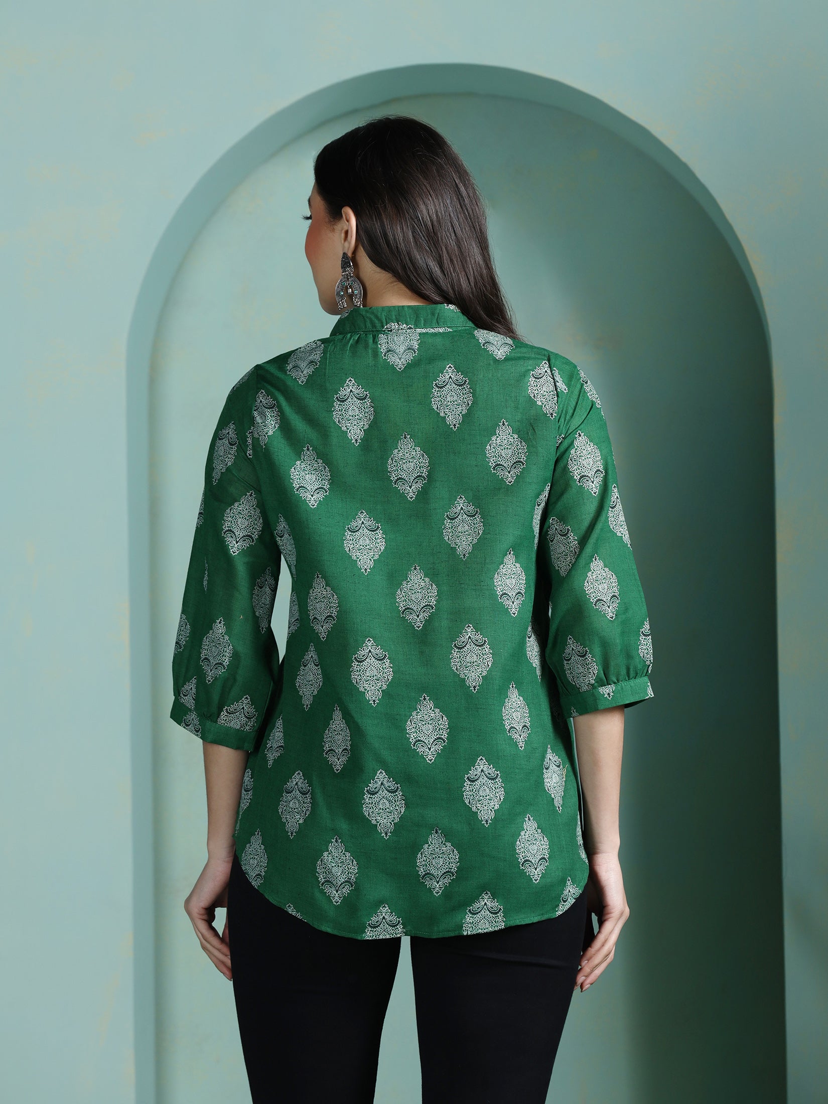Women Cotton Green Printed Tunic