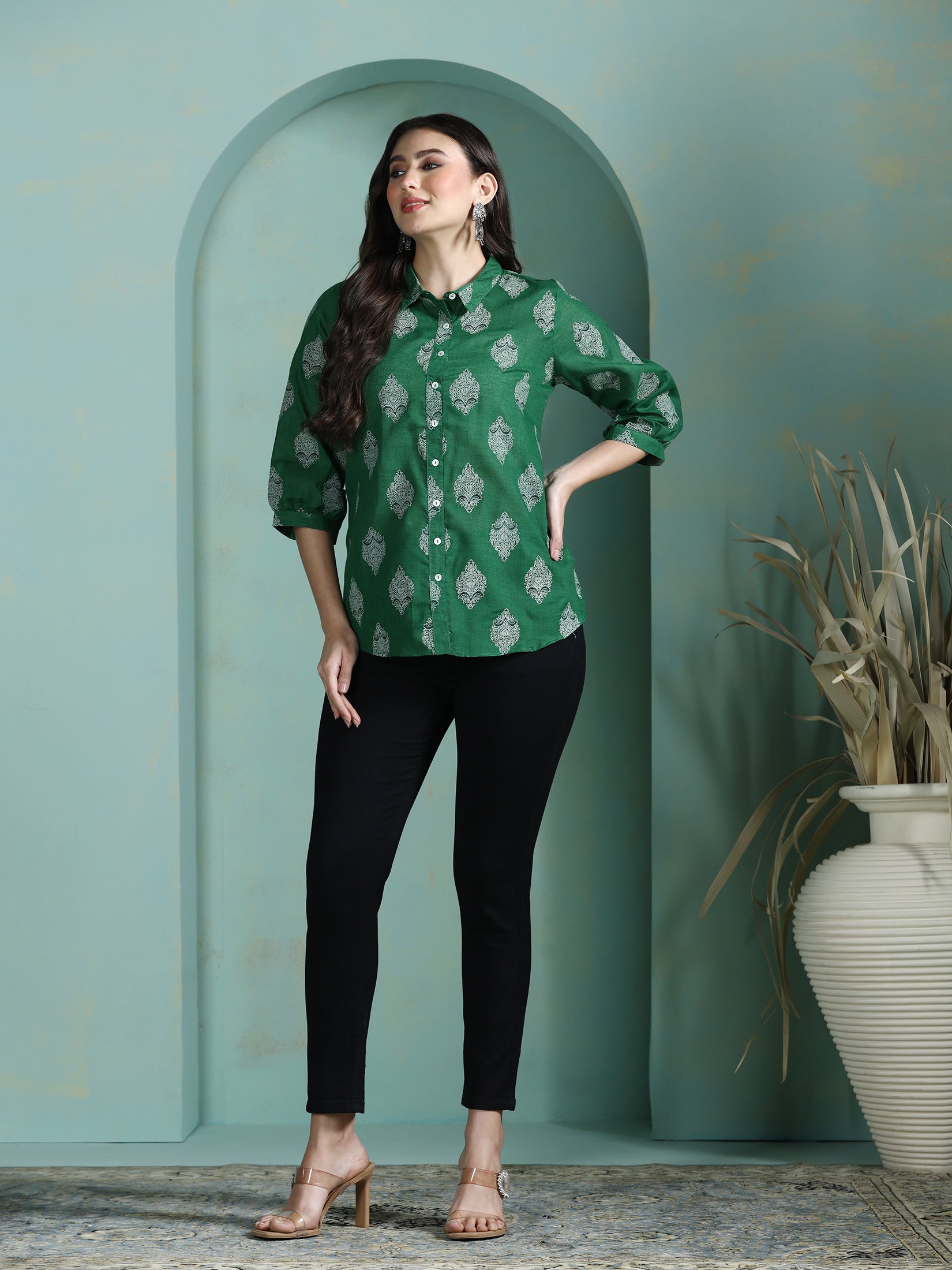 Women Cotton Green Printed Tunic