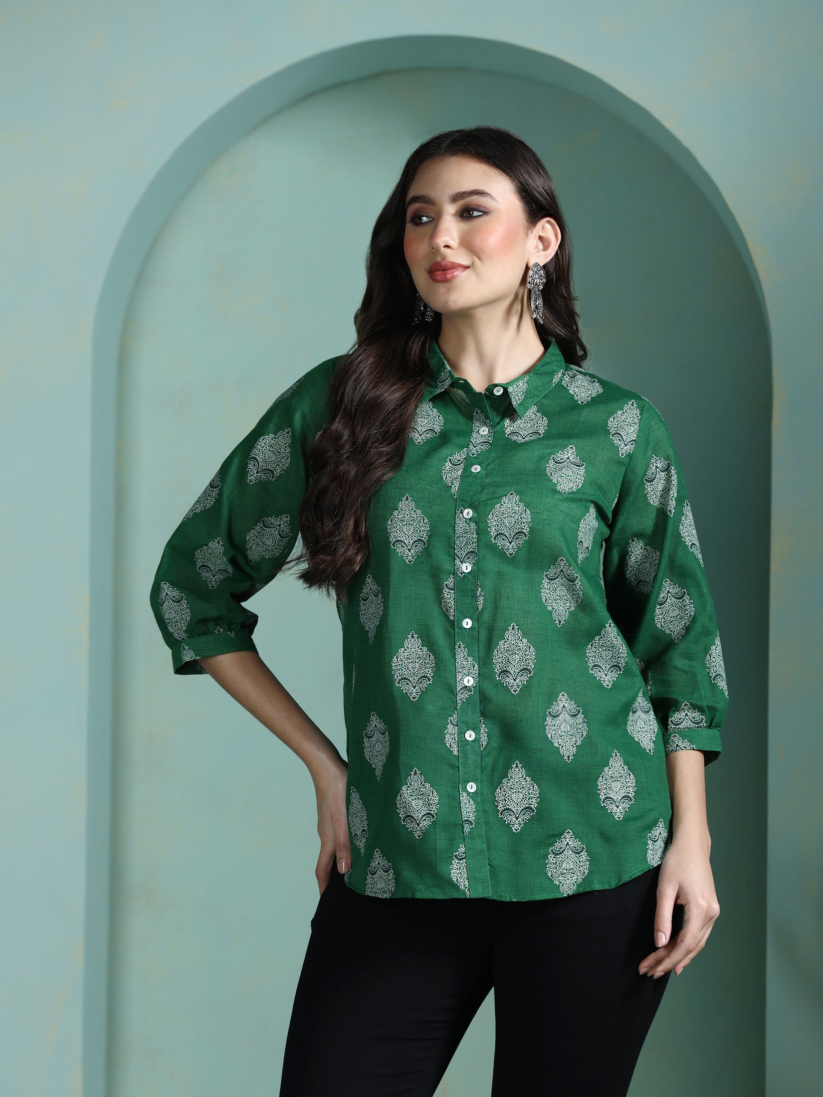 Women Cotton Green Printed Tunic